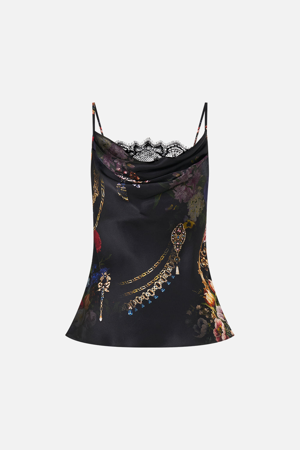 CAMISETA DE TIRANTES CON CUELLO CASCADA Y ENCAJE NIGHT GARDEN