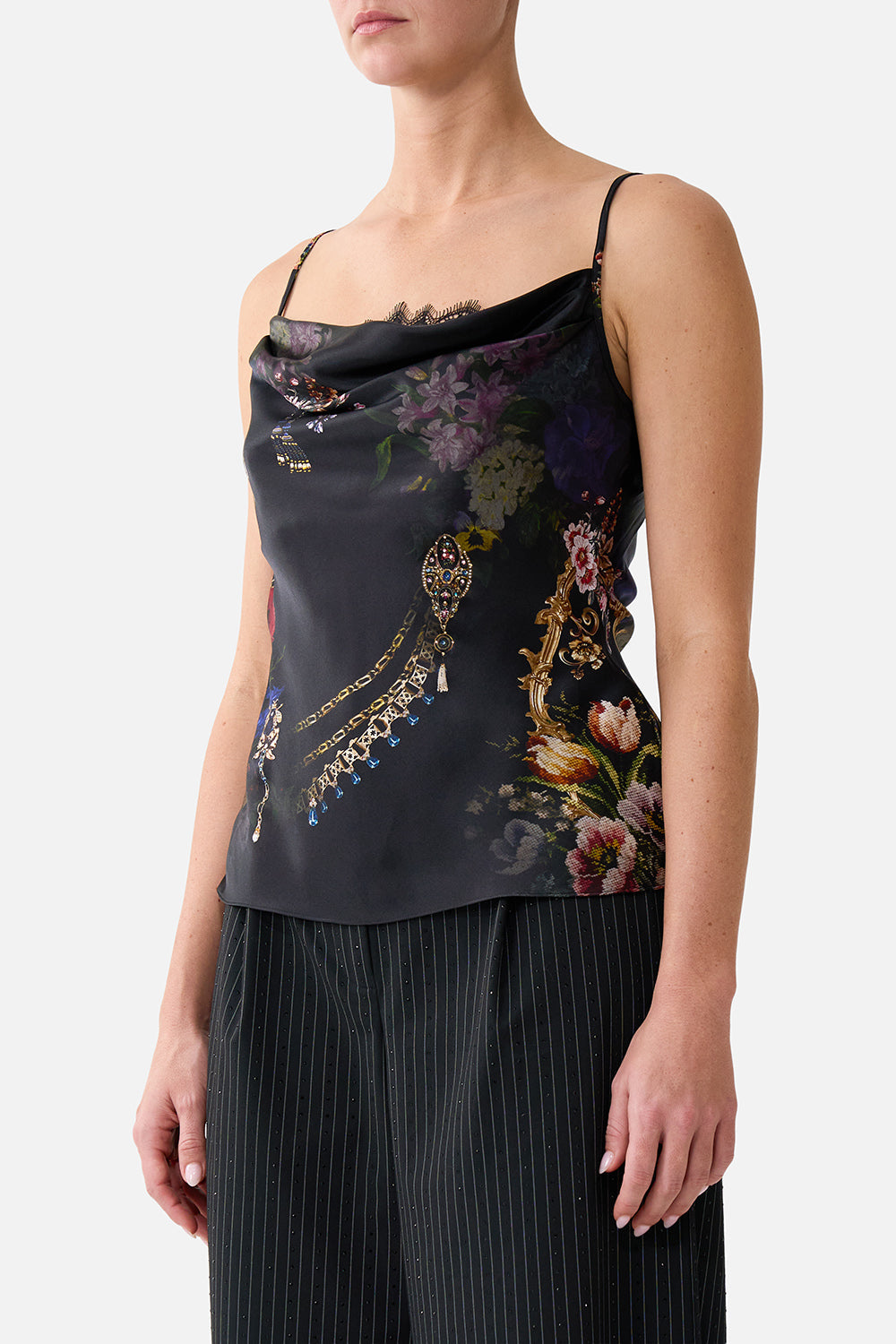 CAMISETA DE TIRANTES CON CUELLO CASCADA Y ENCAJE NIGHT GARDEN