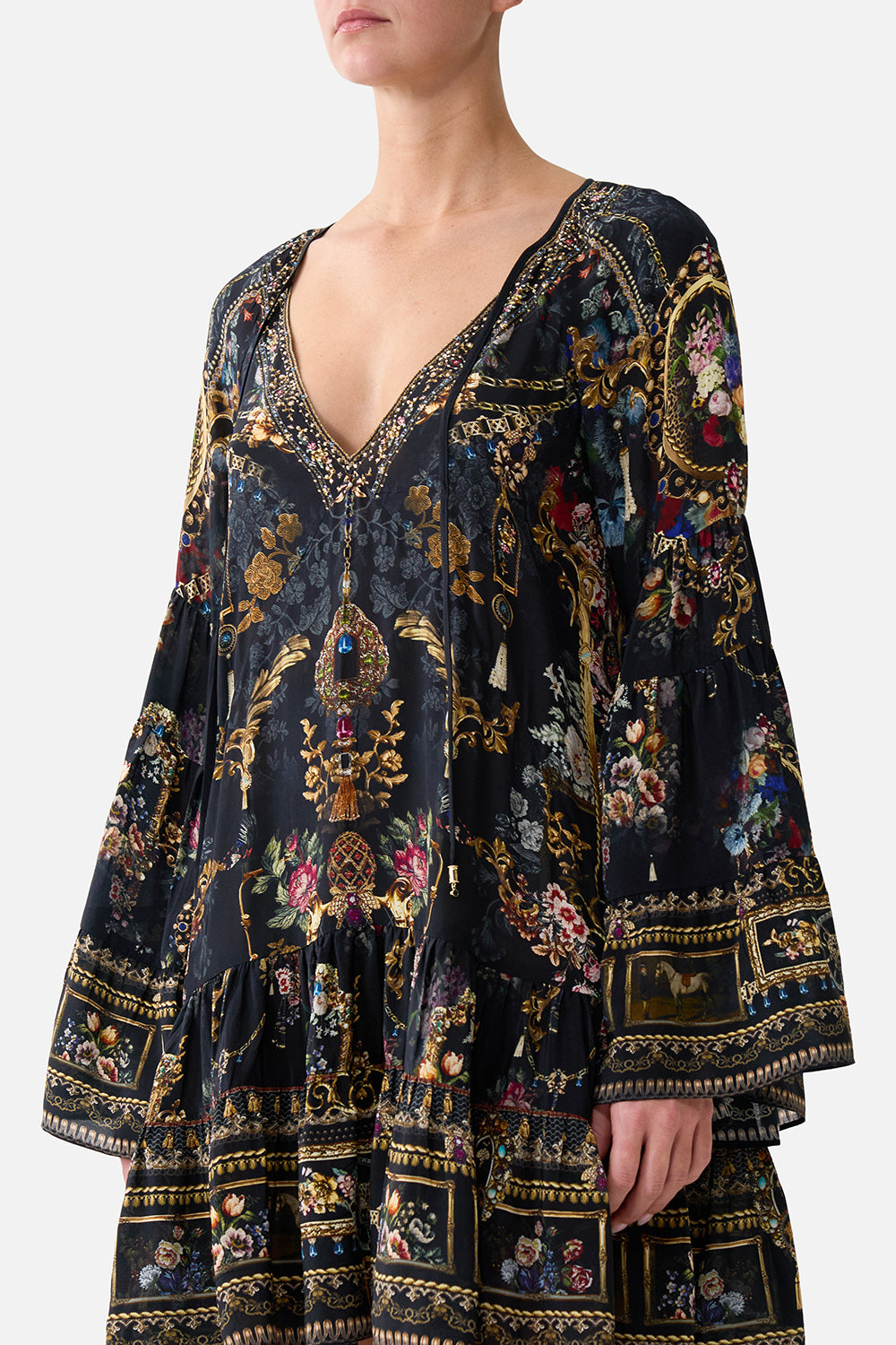 The CAMILLA A-LINE GATHERED PANEL DRESS NIGHT GARDEN