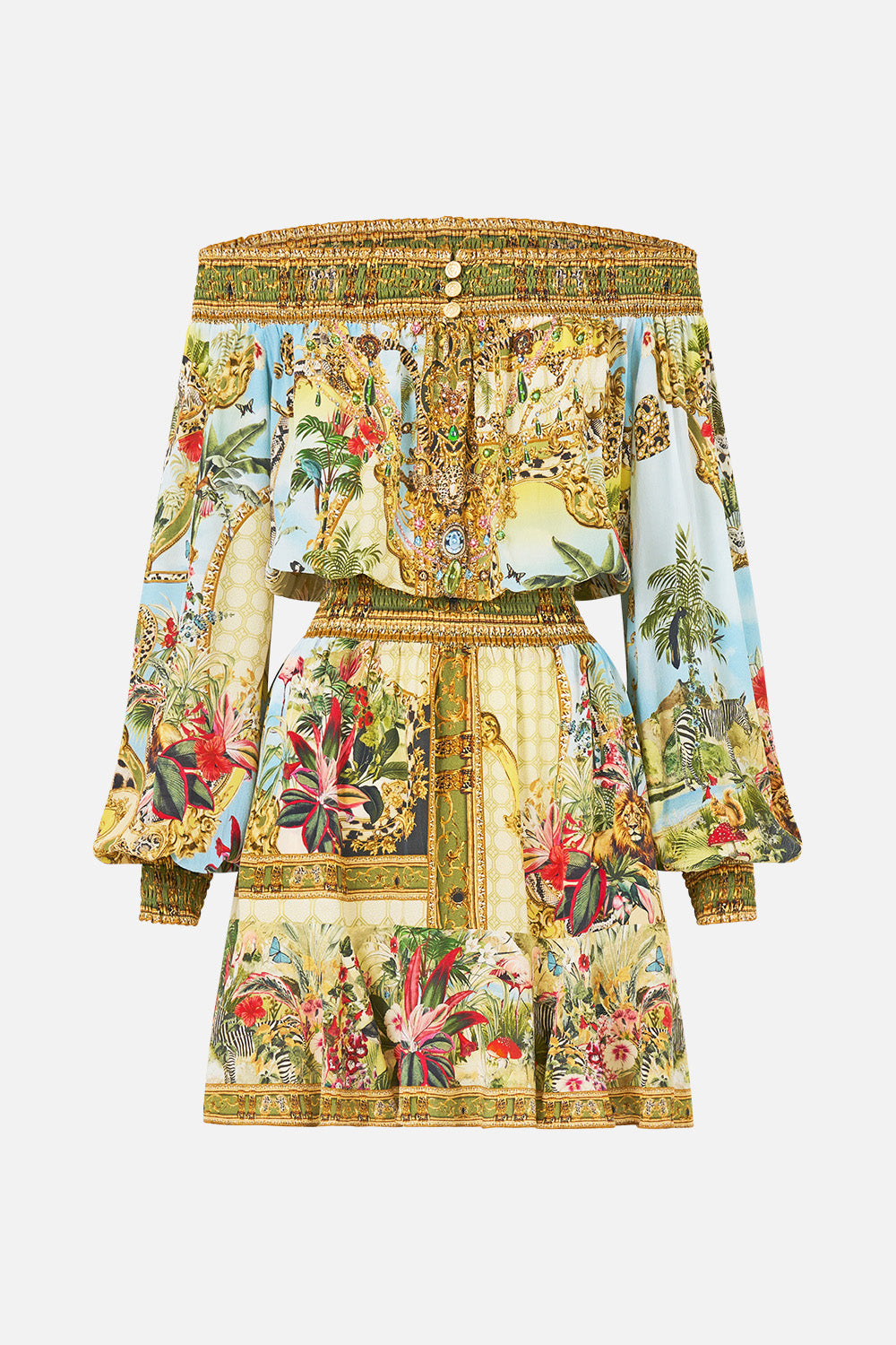 The CAMILLA Off Shoulder Short Dress in our Wanderlust Empire print, front view.