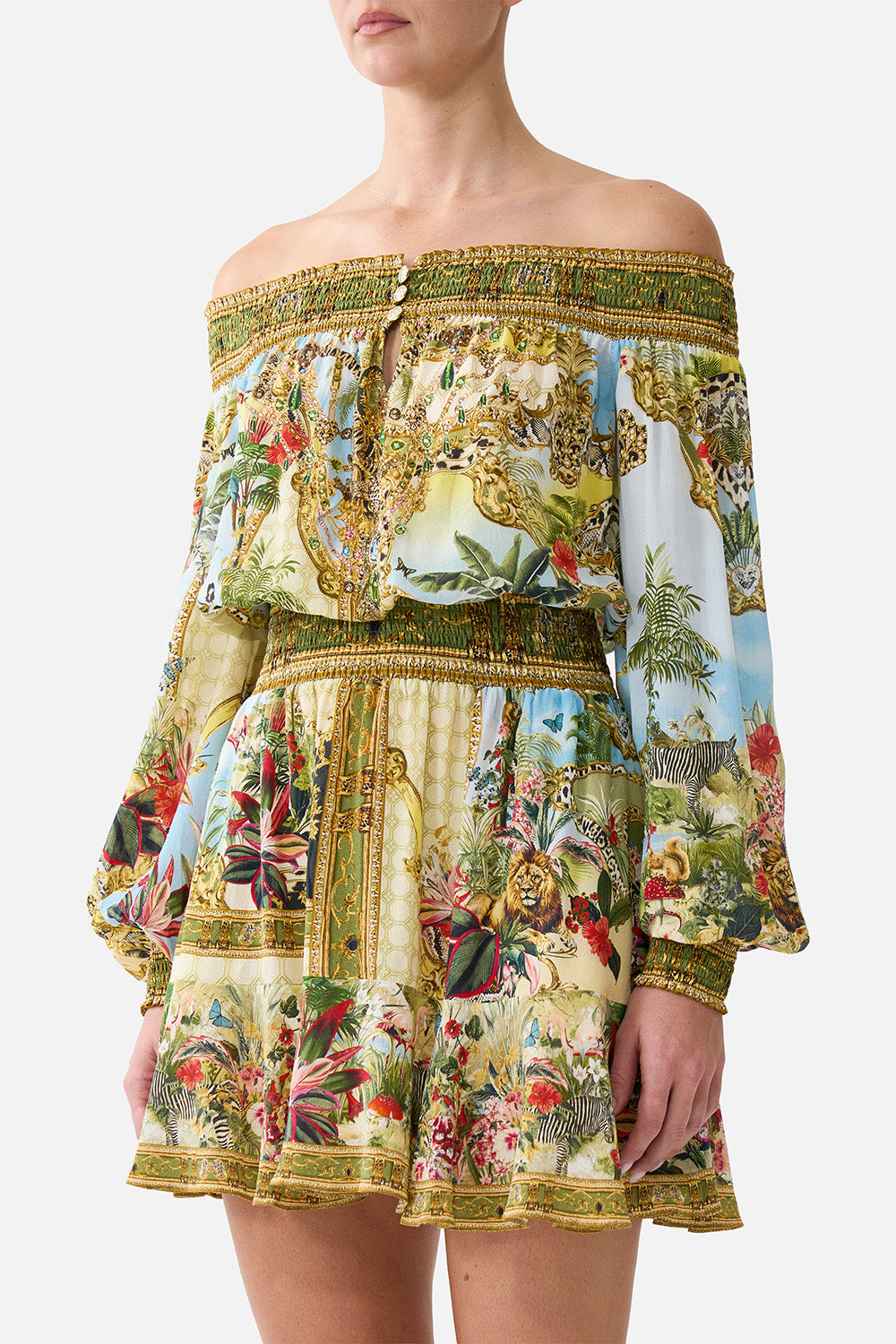 The CAMILLA Off Shoulder Short Dress in our Wanderlust Empire print, detail view on model.