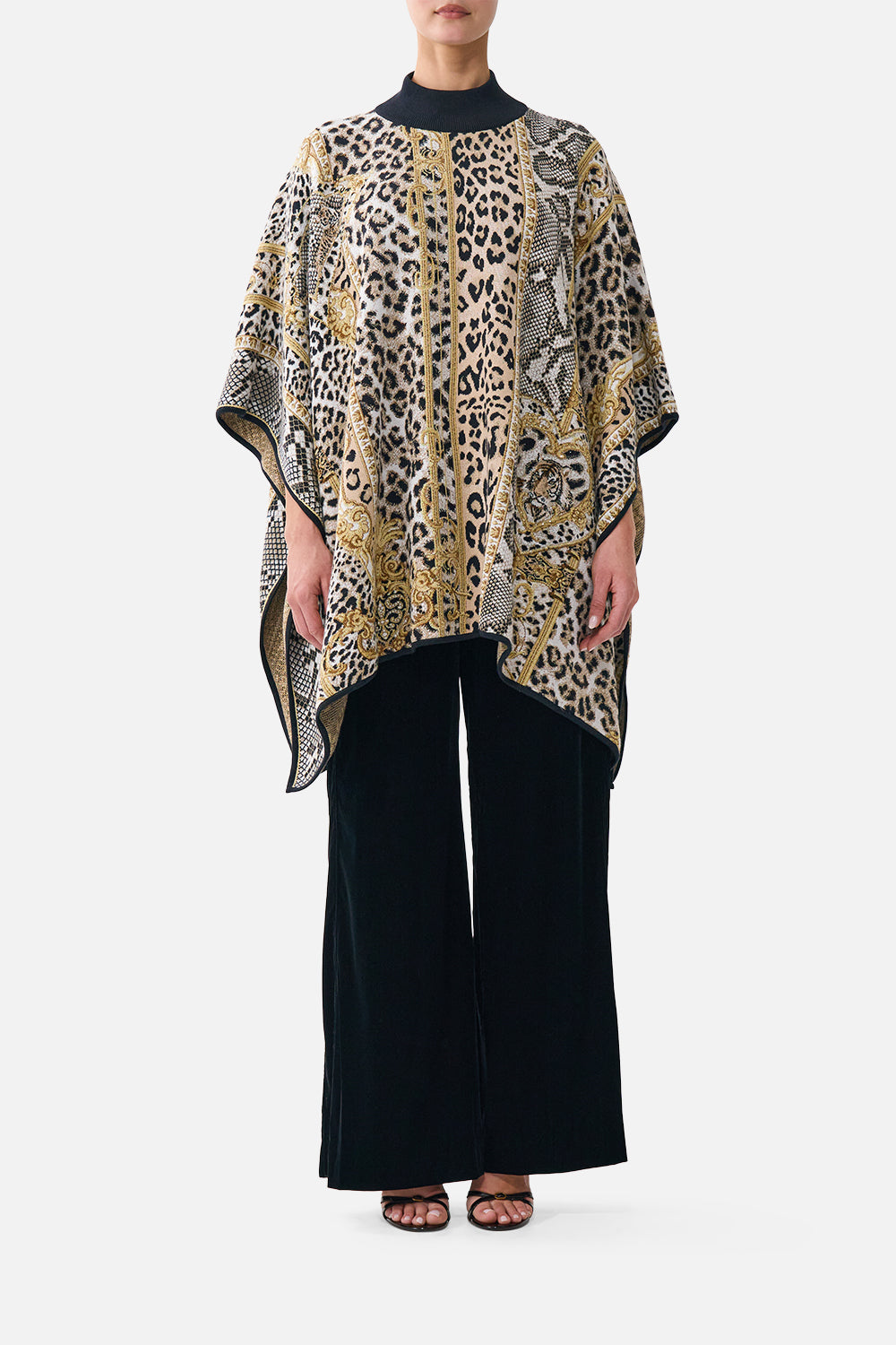 The CAMILLA Funnel Neck Drape Knit Poncho Leopard Libertine in our Leopard Libertine print.