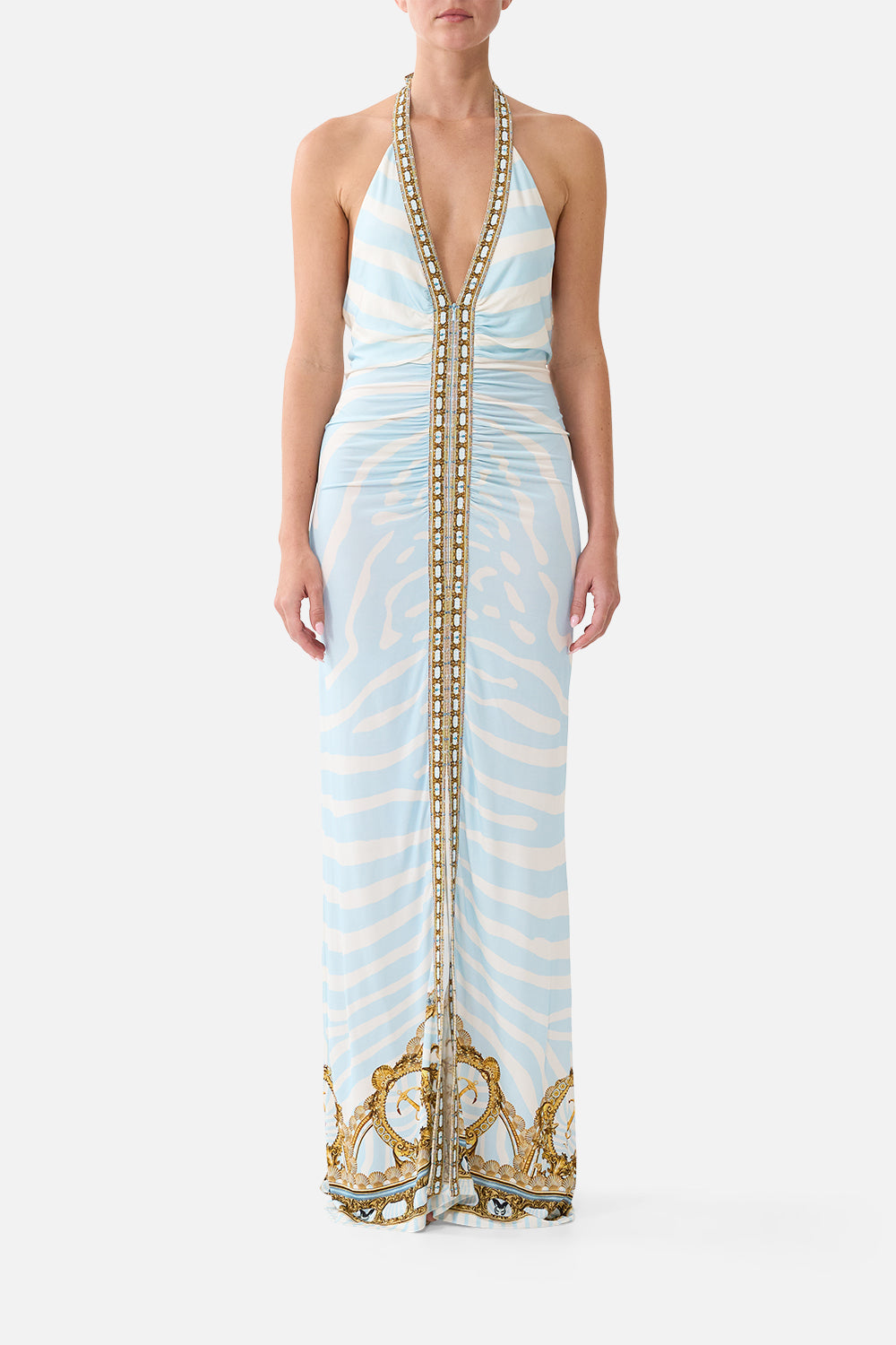 The CAMILLA Ruched Front Halter Dress in Print Spirit of Stripes. Model View