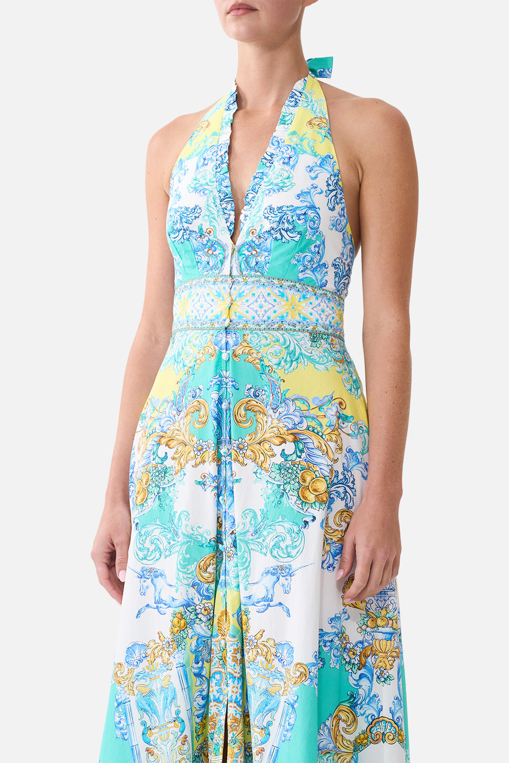 The Dial Up The Tiles Ruffle Neck Halter Dress | CAMILLA US – CAMILLA