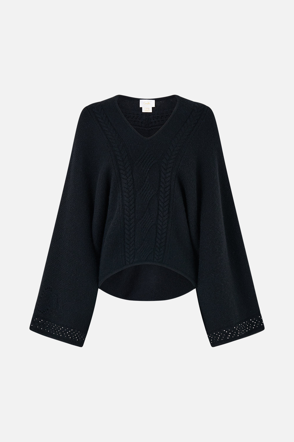 The CAMILLA CASHMERE KNIT RELAXED V-NECK SWEATER NIGHT GARDEN in our  print.