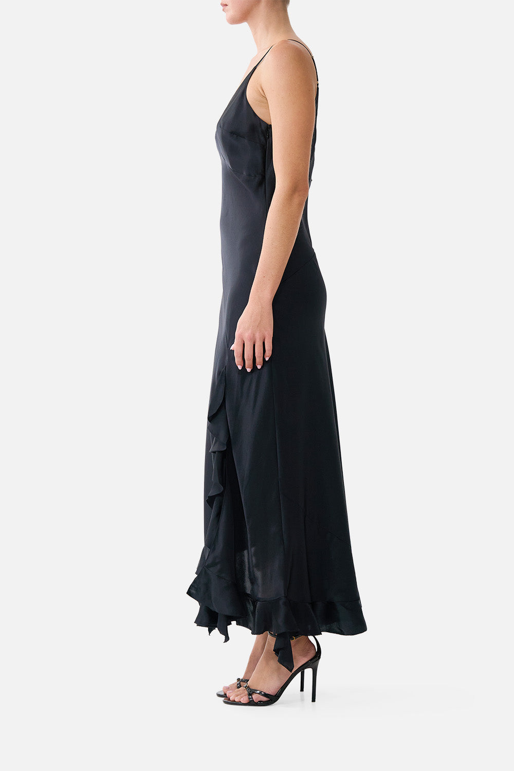 The CAMILLA BIAS SLIP DRESS WITH FRILL HEM SILK ESSENTIALS in our  print.
