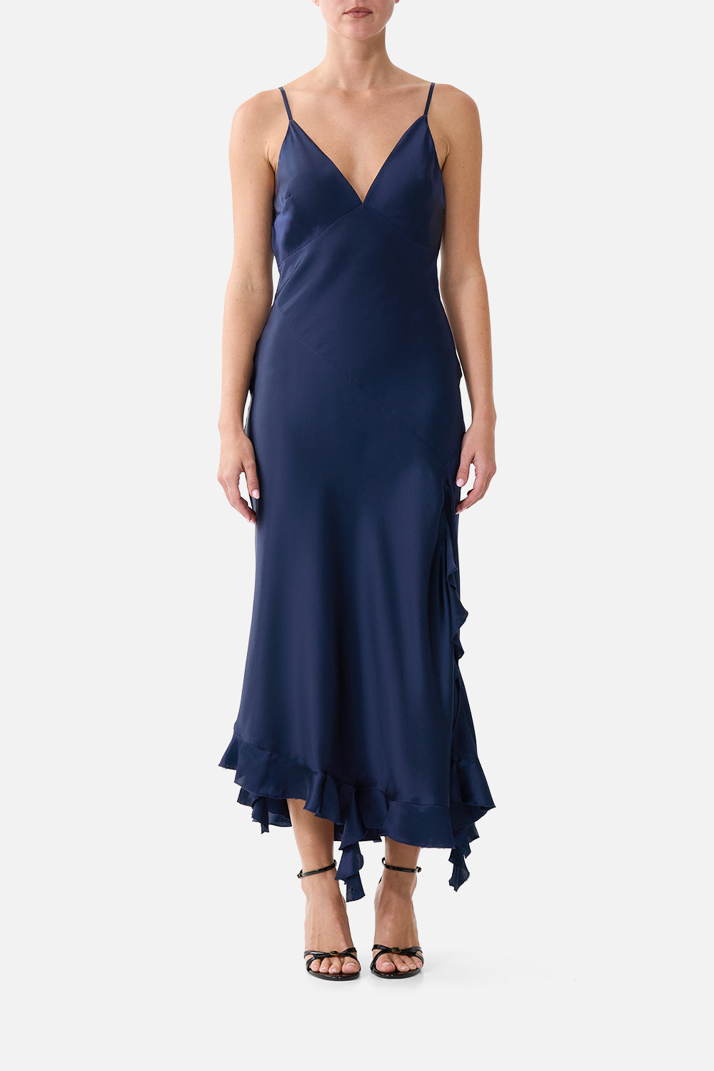 The CAMILLA Bias Slip Dress with Frill Hem Silk Essentials in our Silk Essentials print.