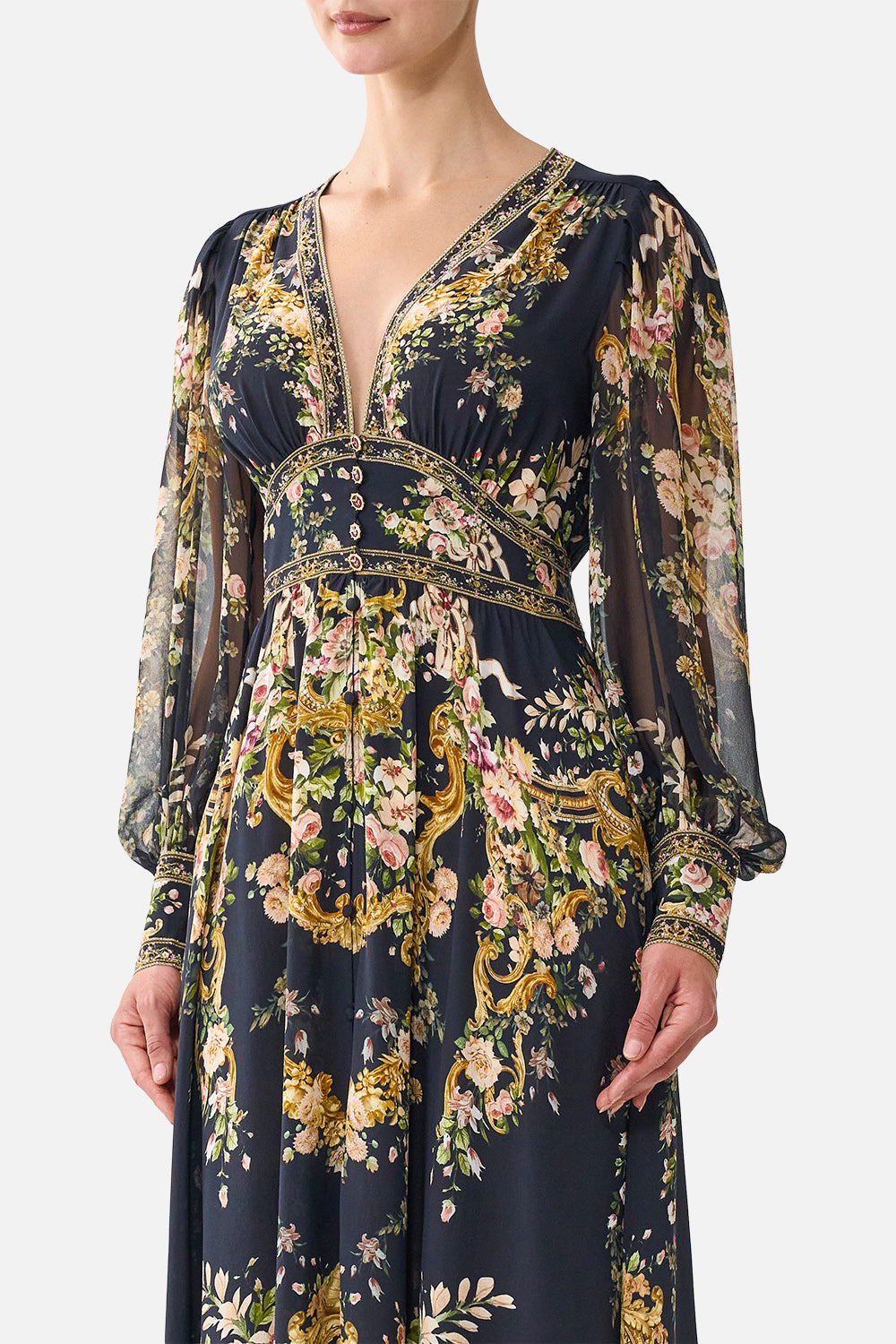 SHAPED WAIST V-NECK MAXI DRESS VERSAILLES OR DIE