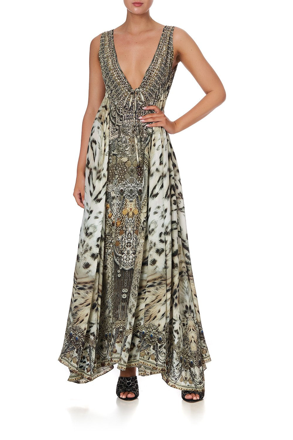 V NECK LONG DRESS WITH TIE ESPIRITU
