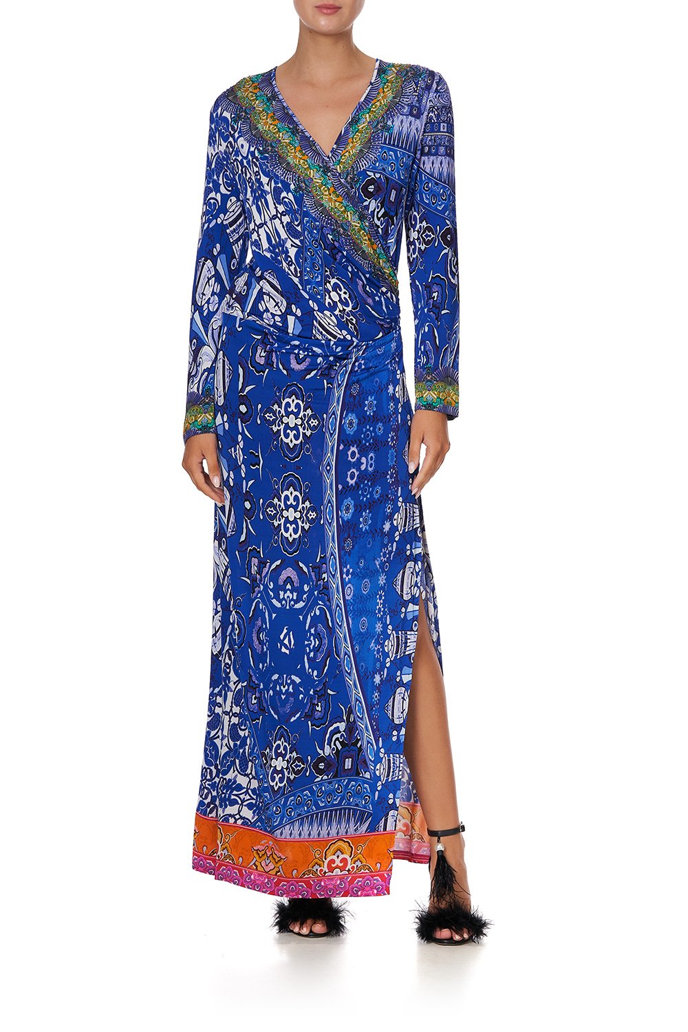 V NECK LONG DRESS WITH SIDE SPLIT PARROT