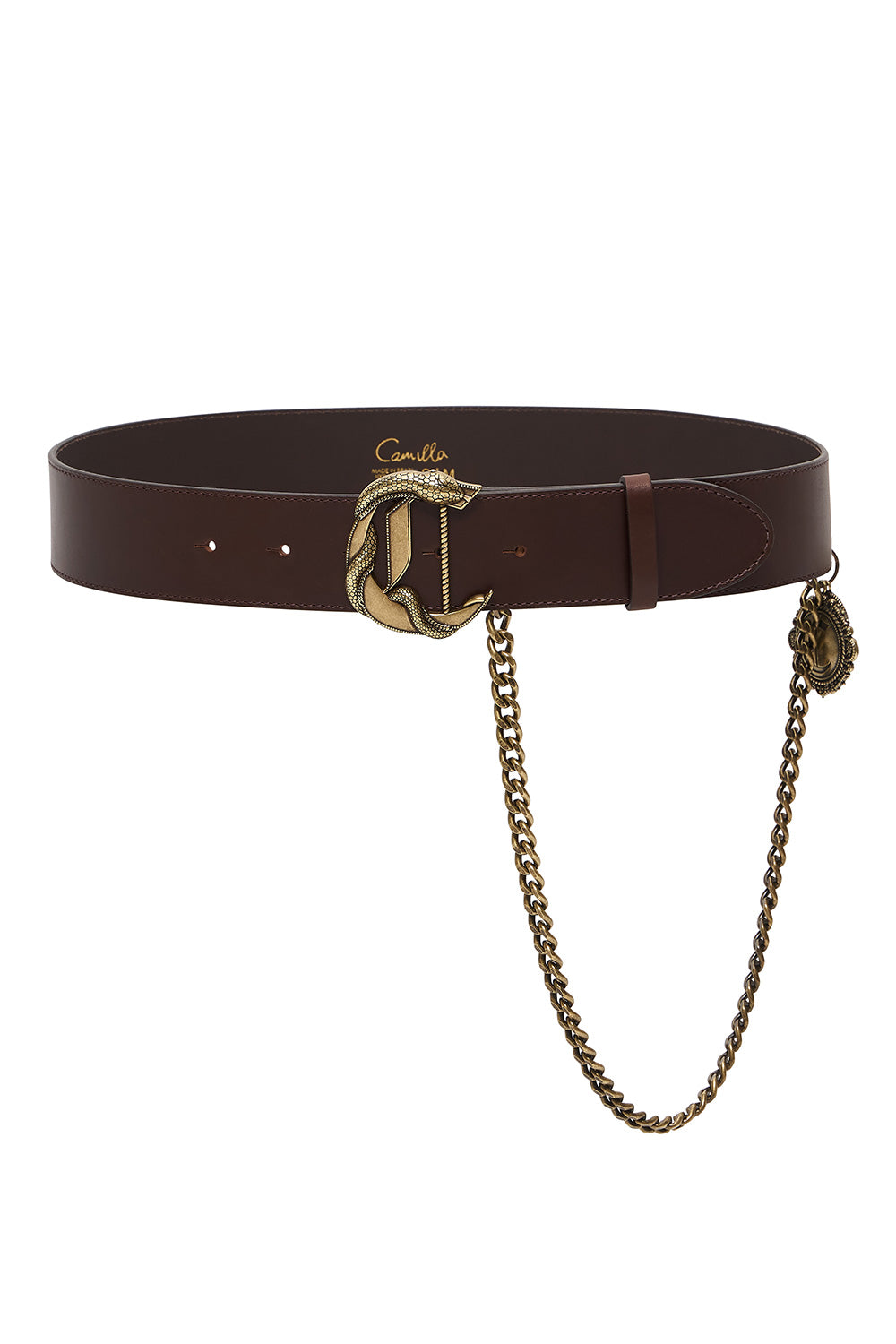 C BUCKLE LEATHER BELT WITH CHAIN SOLID BROWN