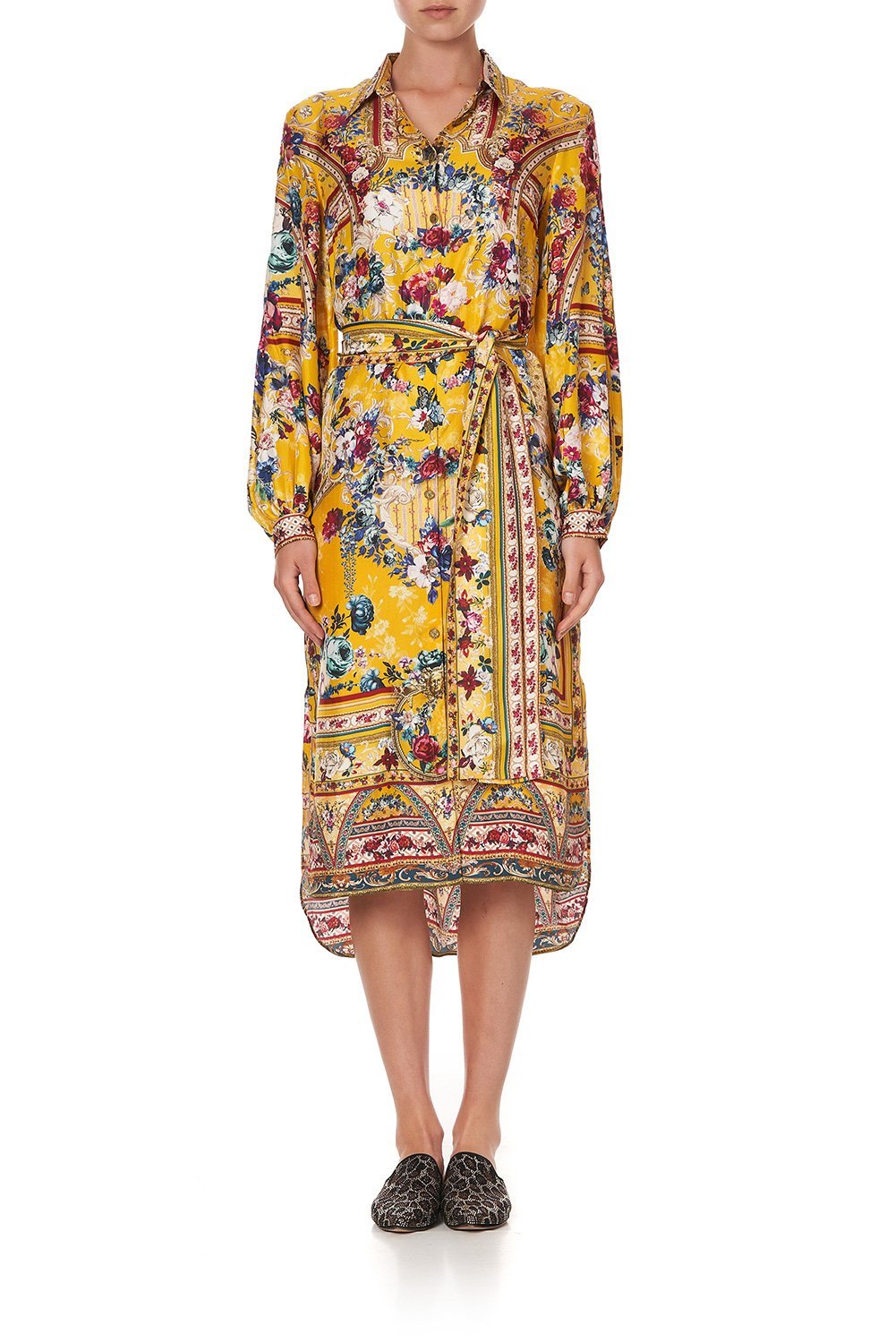 HIGH LOW MIDI SHIRT DRESS CROWNED ROSES