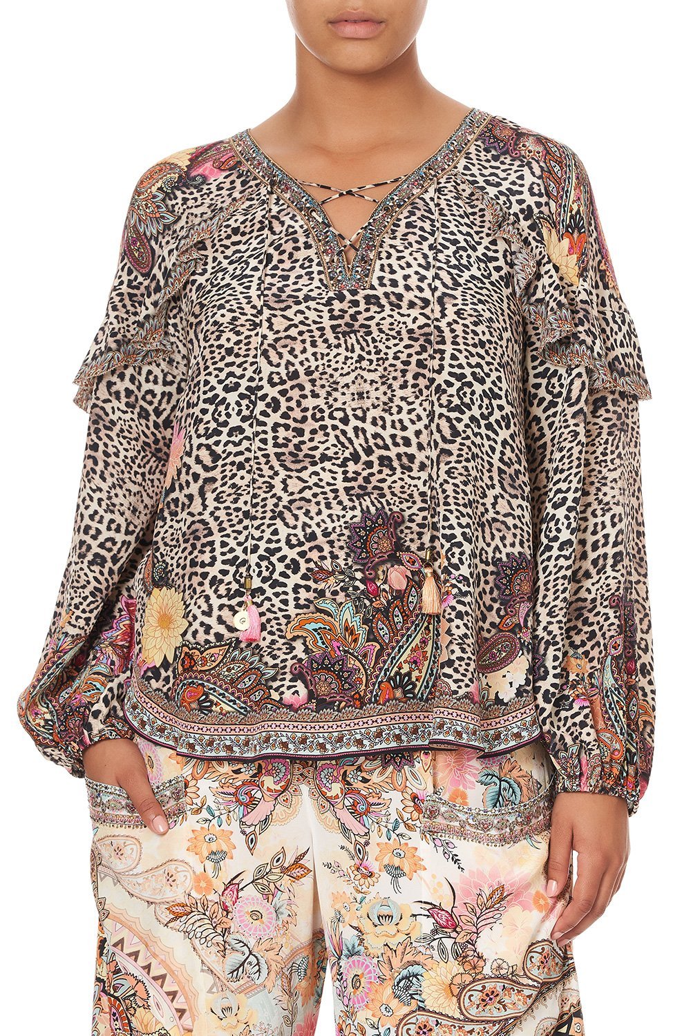 BLOUSON SLEEVE LACE UP BLOUSE WILD CHILD