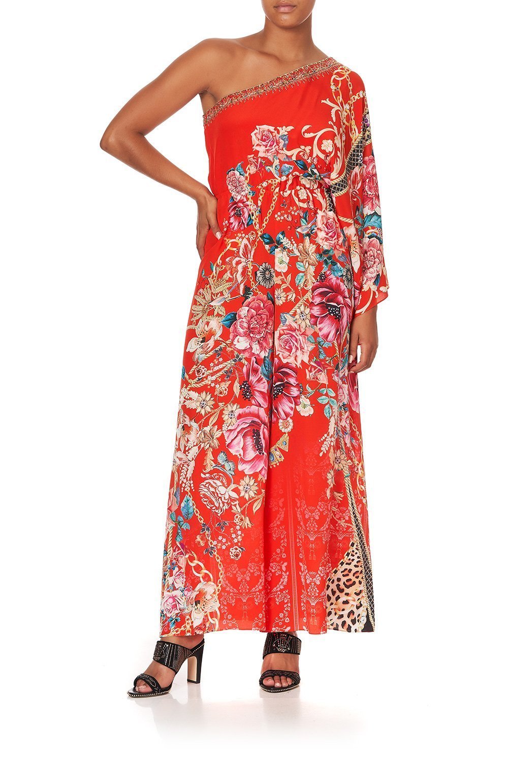 ONE SHOULDER FLARED JUMPSUIT AND THE QUEEN WORE RED