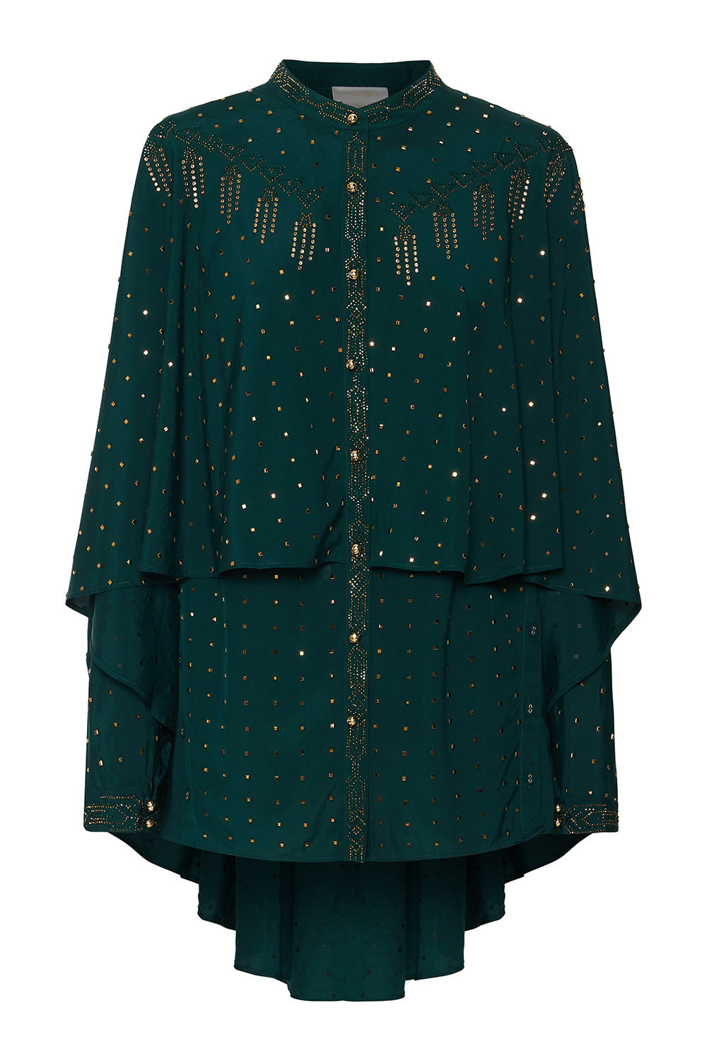 DRAPED BUTTON FRONT BLOUSE LUXE EMERALD