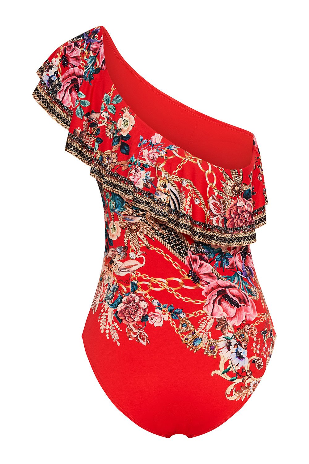 ONE SHOULDER ONE PIECE WITH FRILL AND THE QUEEN WORE RED