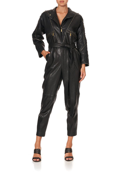 ZIP FRONT PANEL LEATHER JUMPSUIT LEATHER