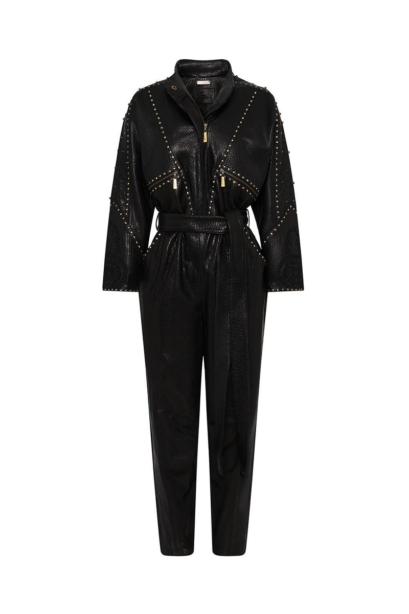ZIP FRONT PANEL LEATHER JUMPSUIT LEATHER – CAMILLA