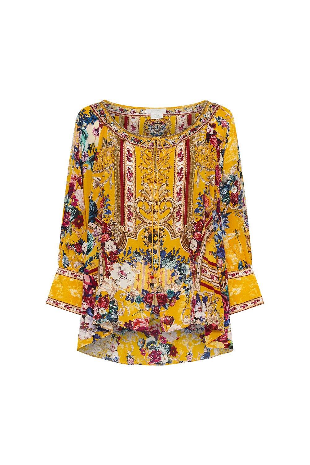 RAGLAN SLEEVE BUTTON UP TOP CROWNED ROSES