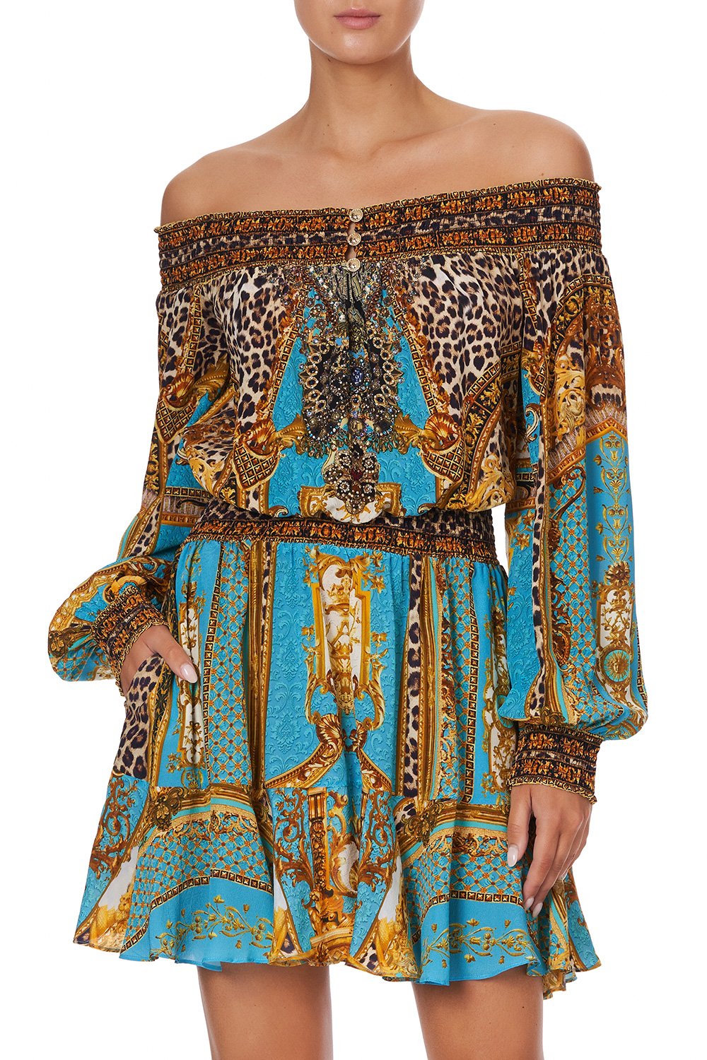 OFF SHOULDER SHORT DRESS DRIPPING IN DECADENCE