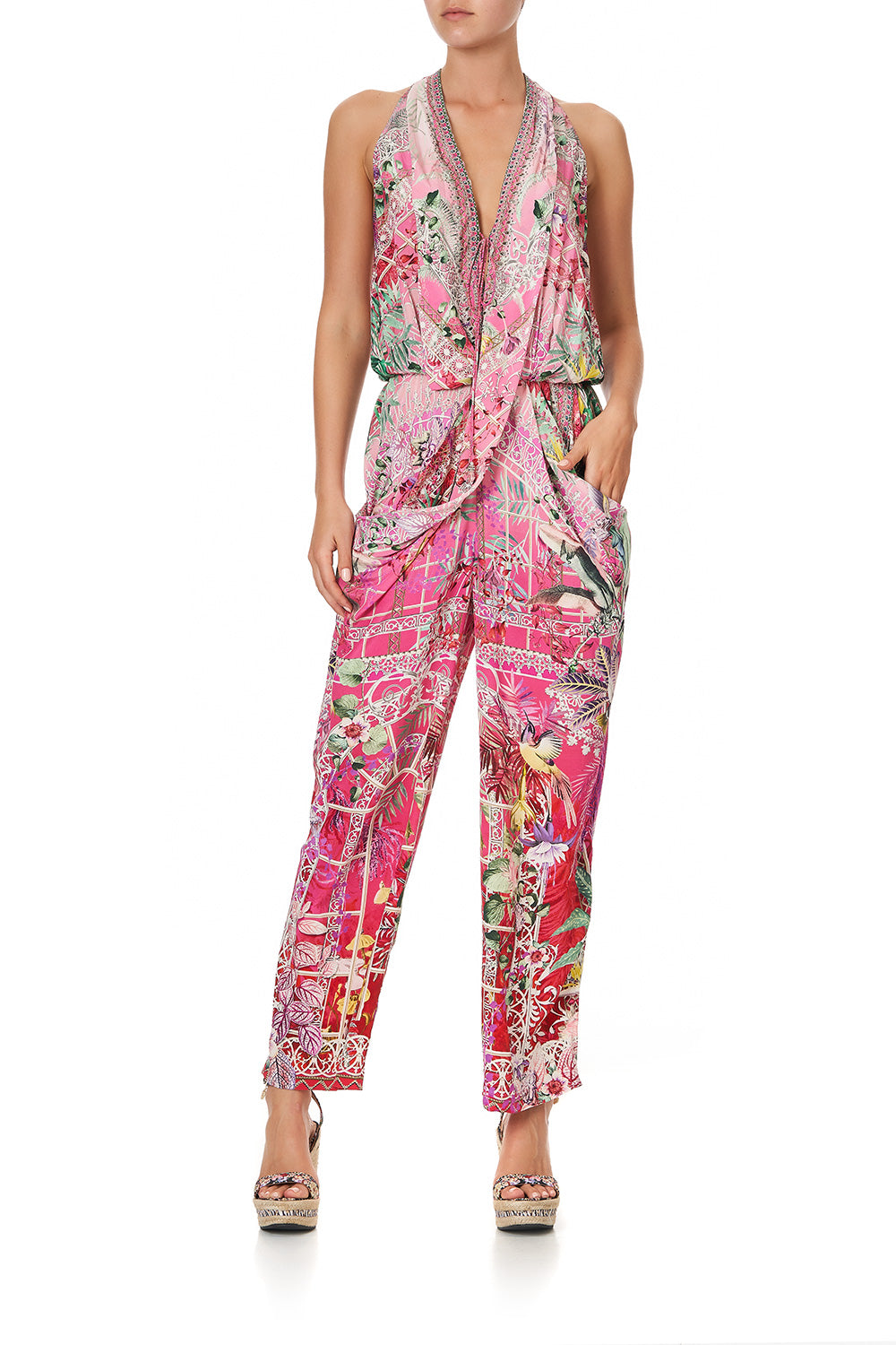 DRAPED FRONT BODICE JUMPSUIT WITH NECK TIE GLASSHOUSE ROMANCE