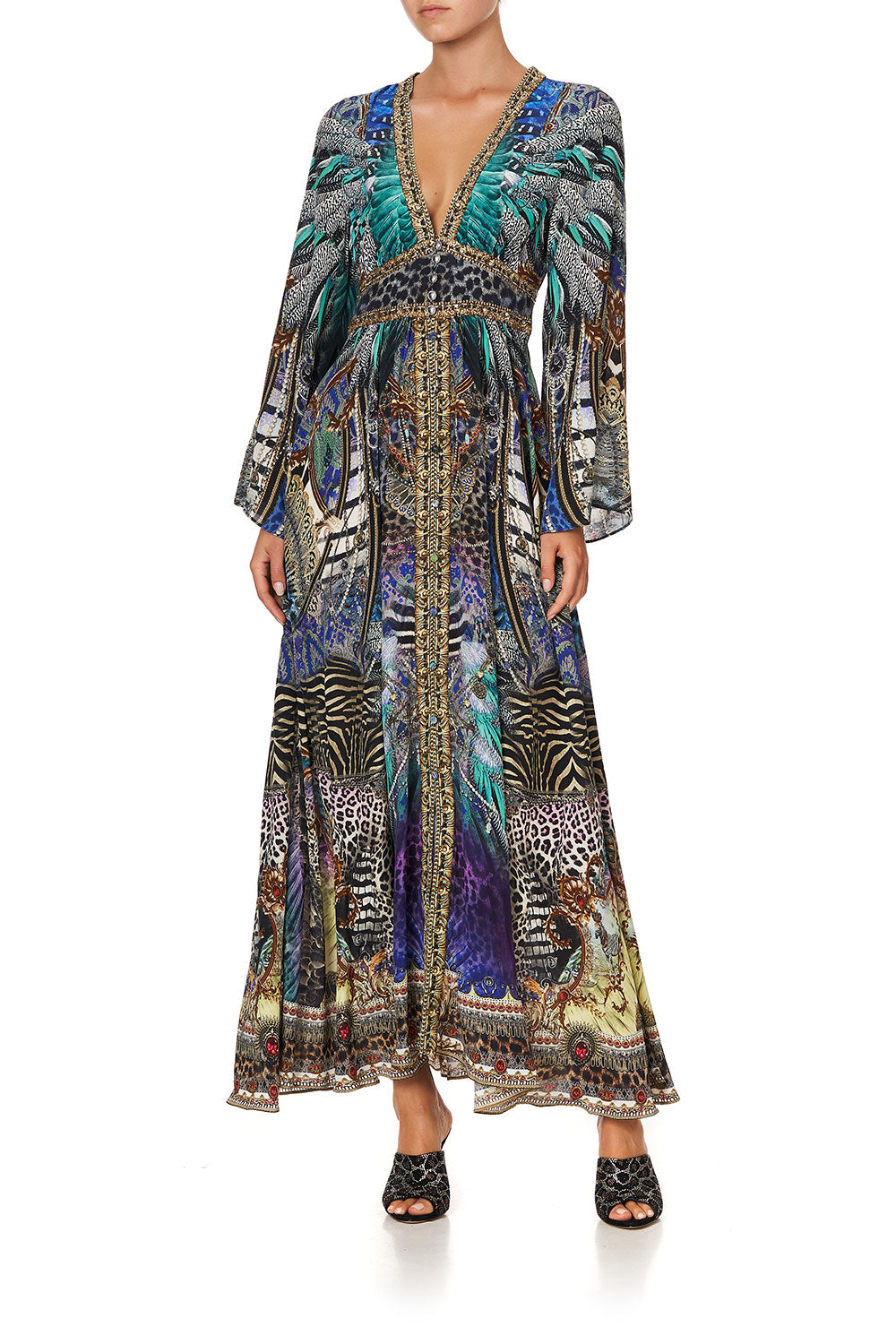 KIMONO SLEEVE DRESS WITH SHIRRING DETAIL ANIMAL ARMY