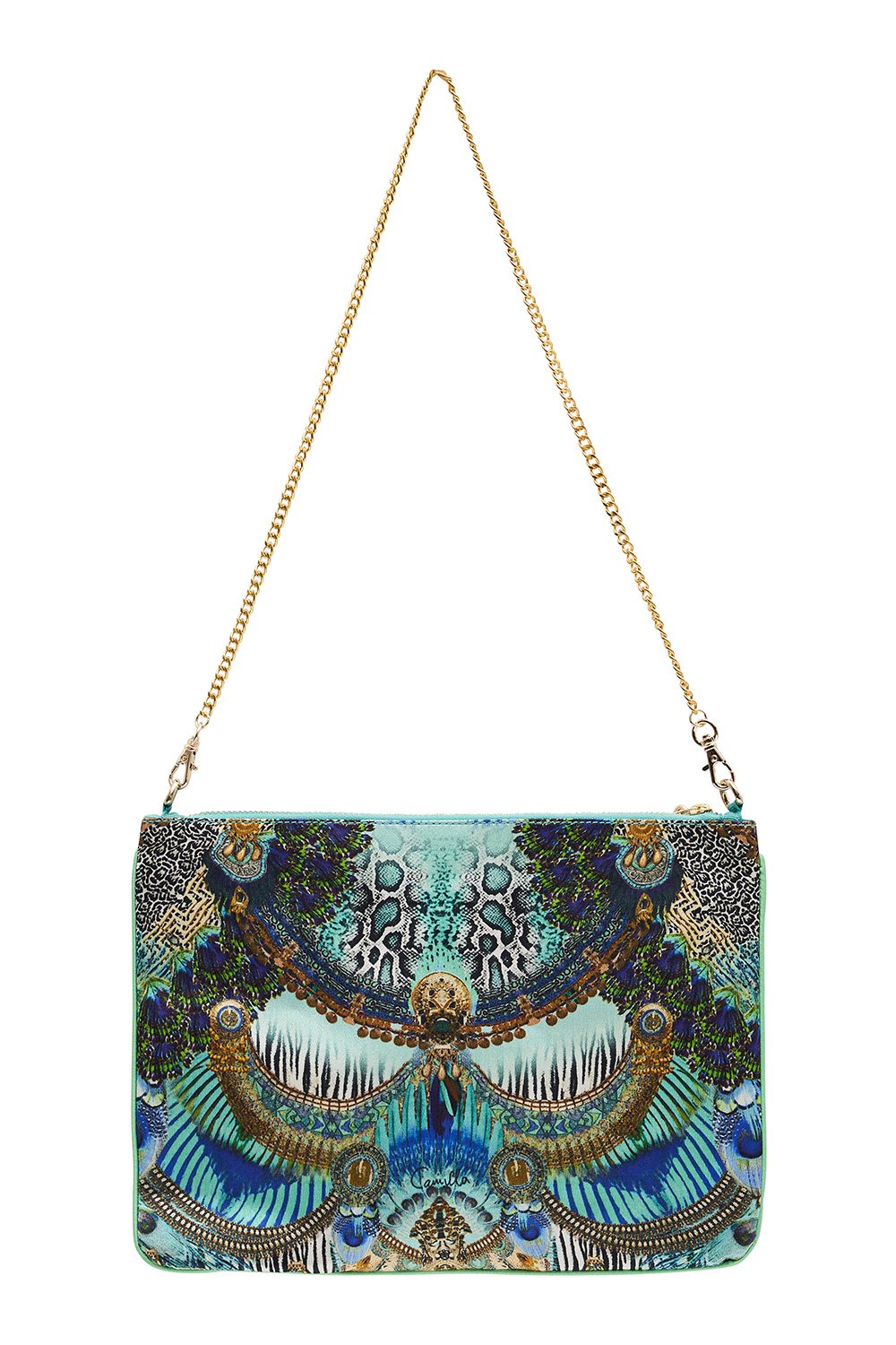 EMBELLISHED ZIP TOP CLUTCH WITH STRAP TEMPLE TEMPTRESS