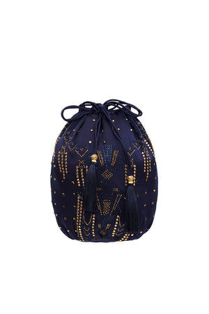 ROUND DRAWSTRING POUCH WITH BEADING LUXE NAVY