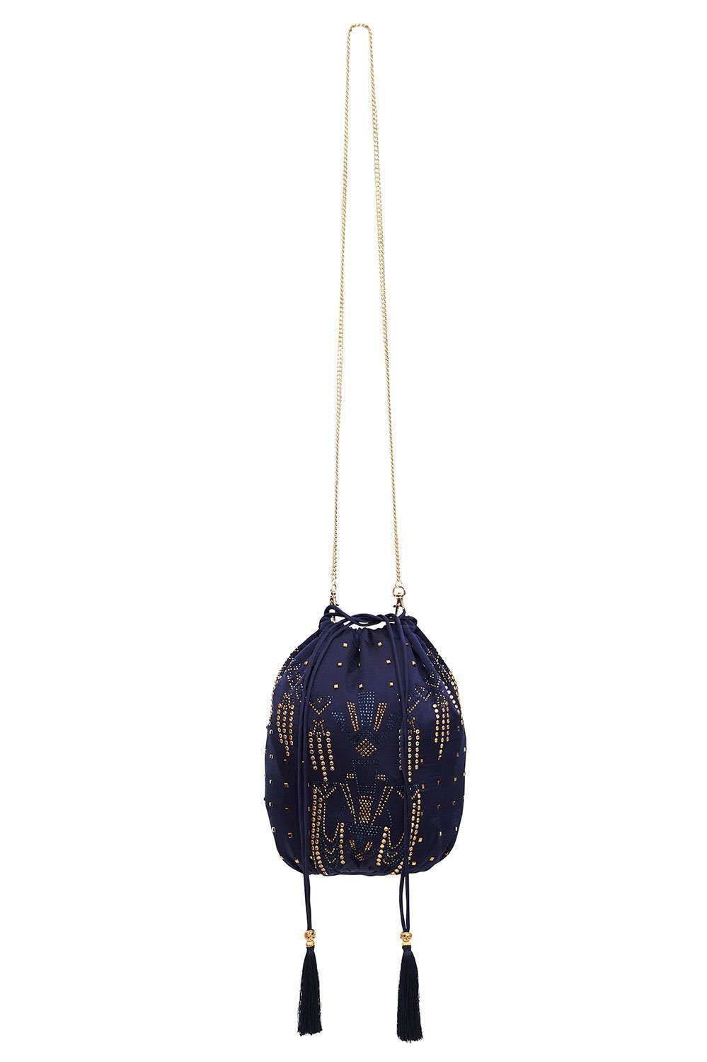 ROUND DRAWSTRING POUCH WITH BEADING LUXE NAVY