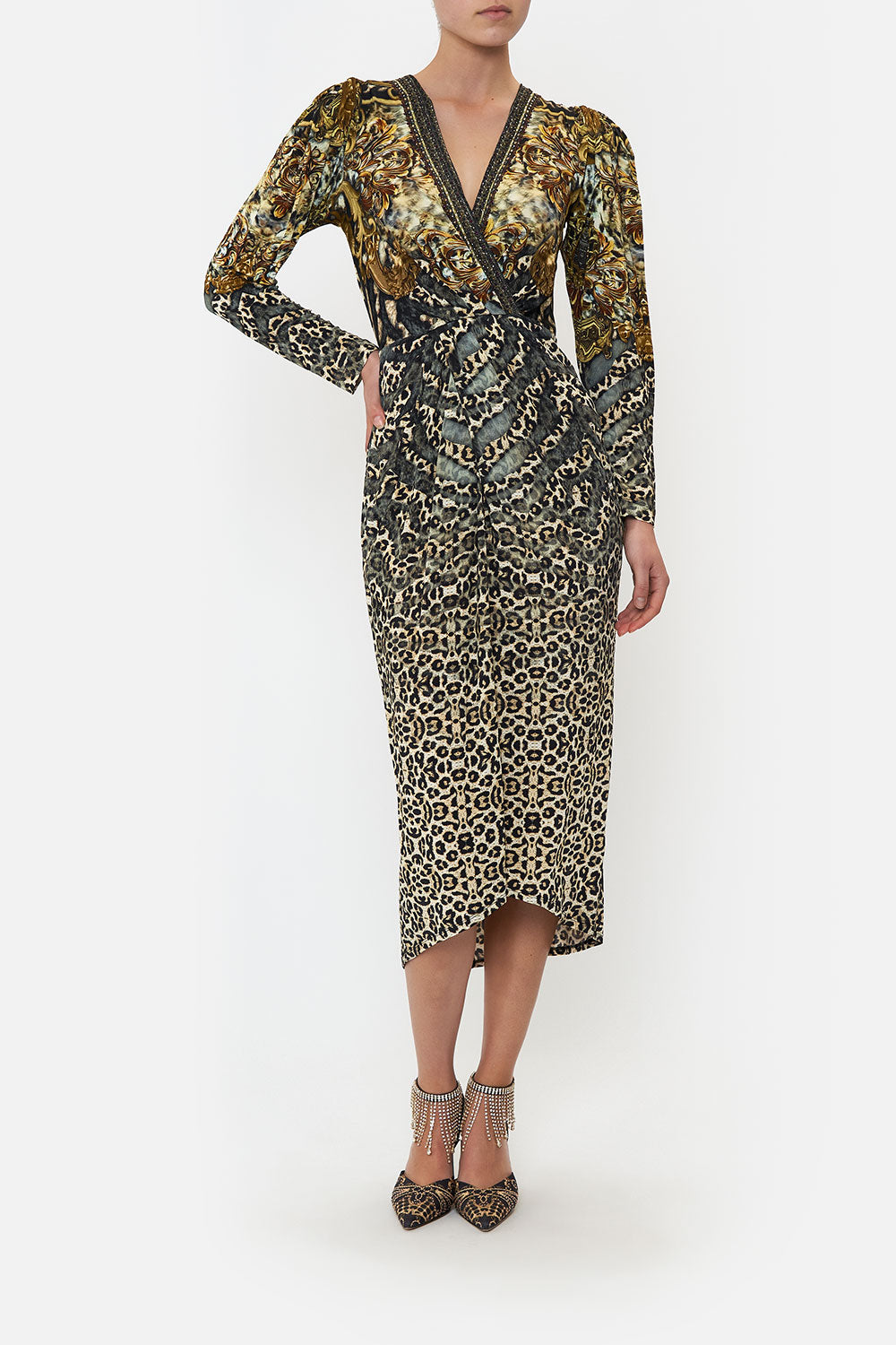 JERSEY TUCK DRESS WITH DRAPPED SLEEVES ARMADA