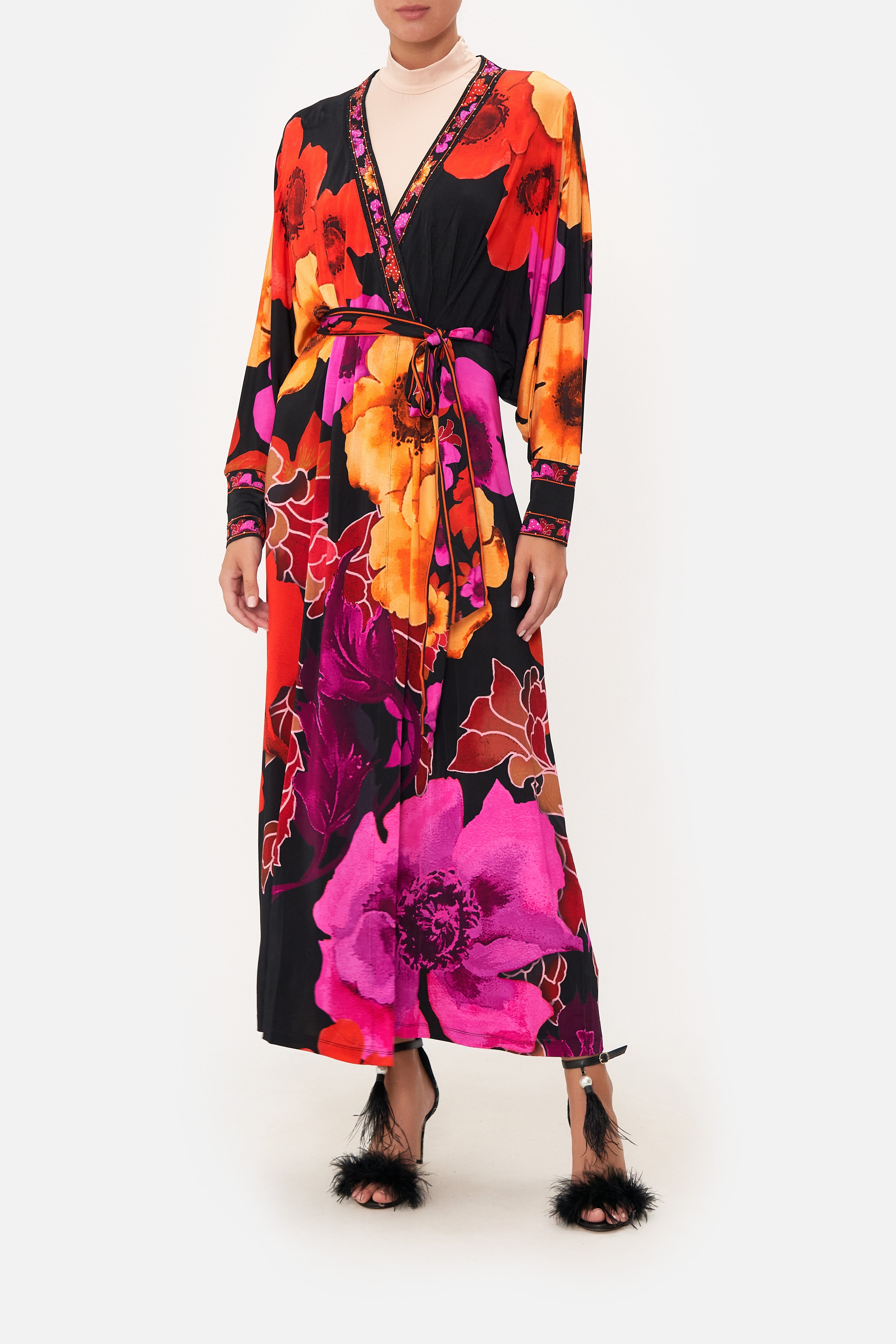 JERSEY WRAP DRESS WITH EXAGGERATED BLOUSON SLEEVE MIDNIGHT POPPY