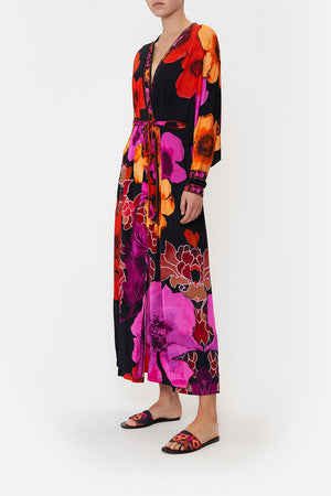 JERSEY WRAP DRESS WITH EXAGGERATED BLOUSON SLEEVE MIDNIGHT POPPY
