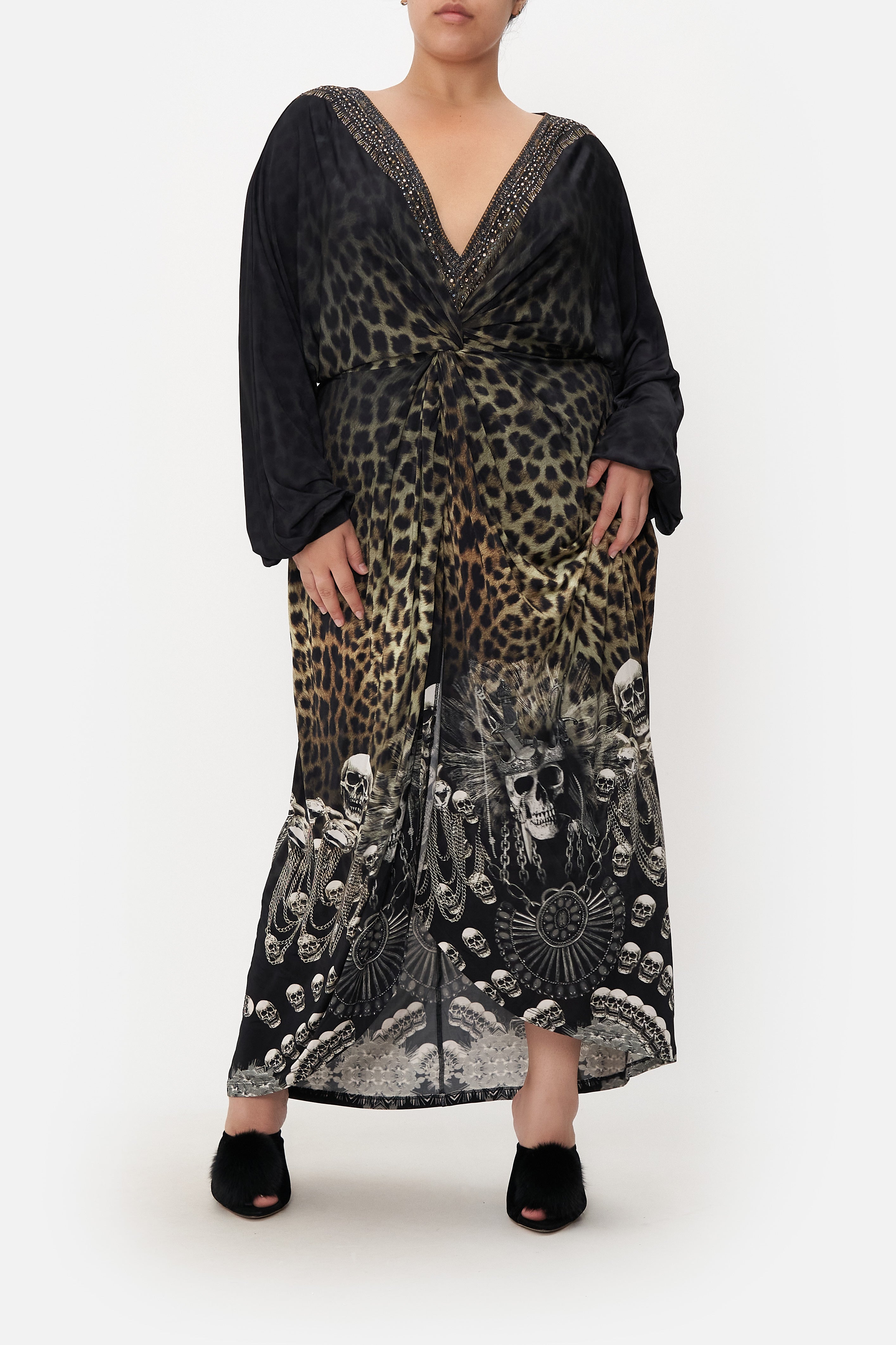 Front view of curvy model wearing CAMILLA plus size black maxi dress in Order Of Disorder print