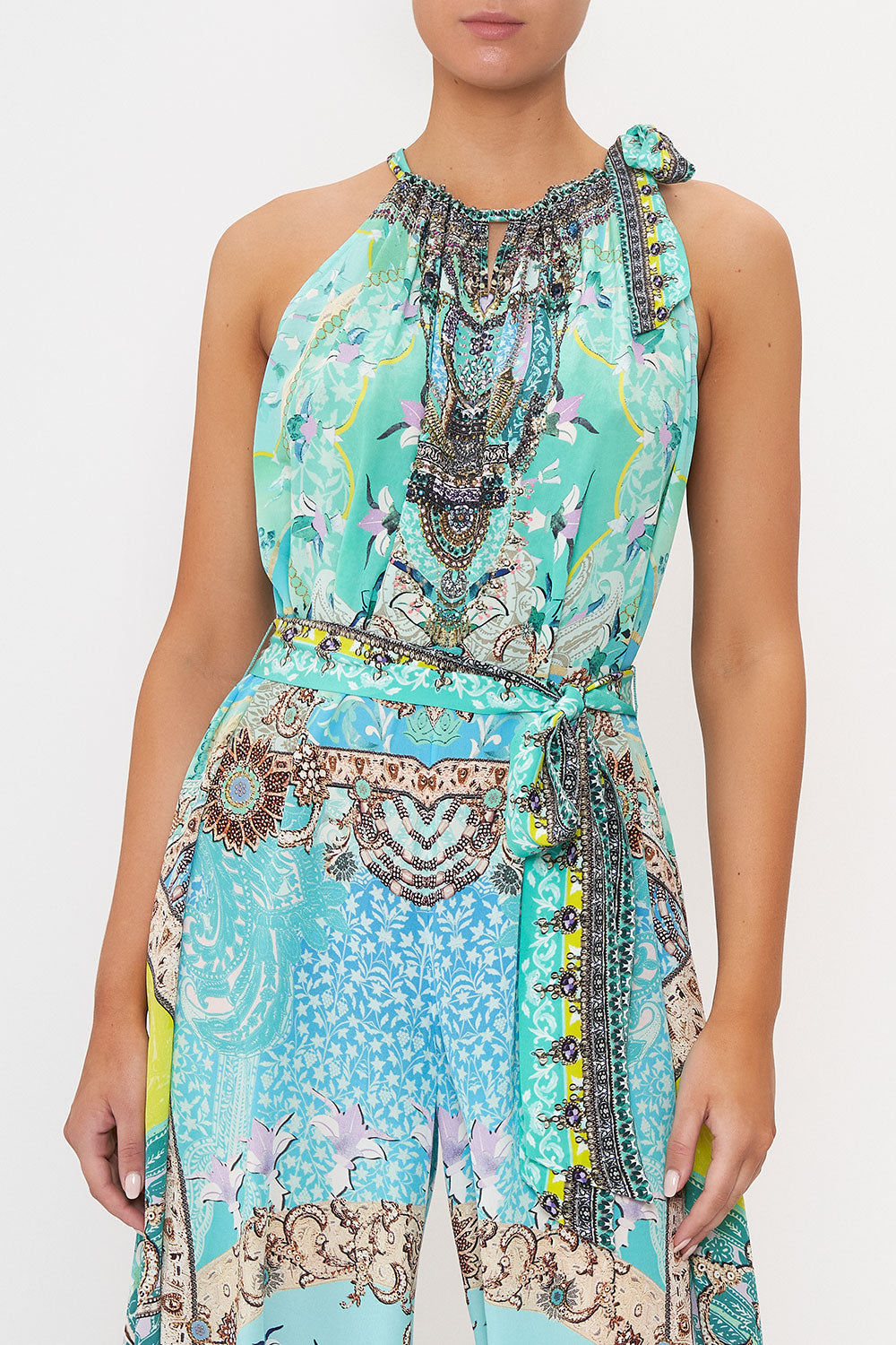 DRAWSTRING NECK JUMPSUIT TURN BACK TIME