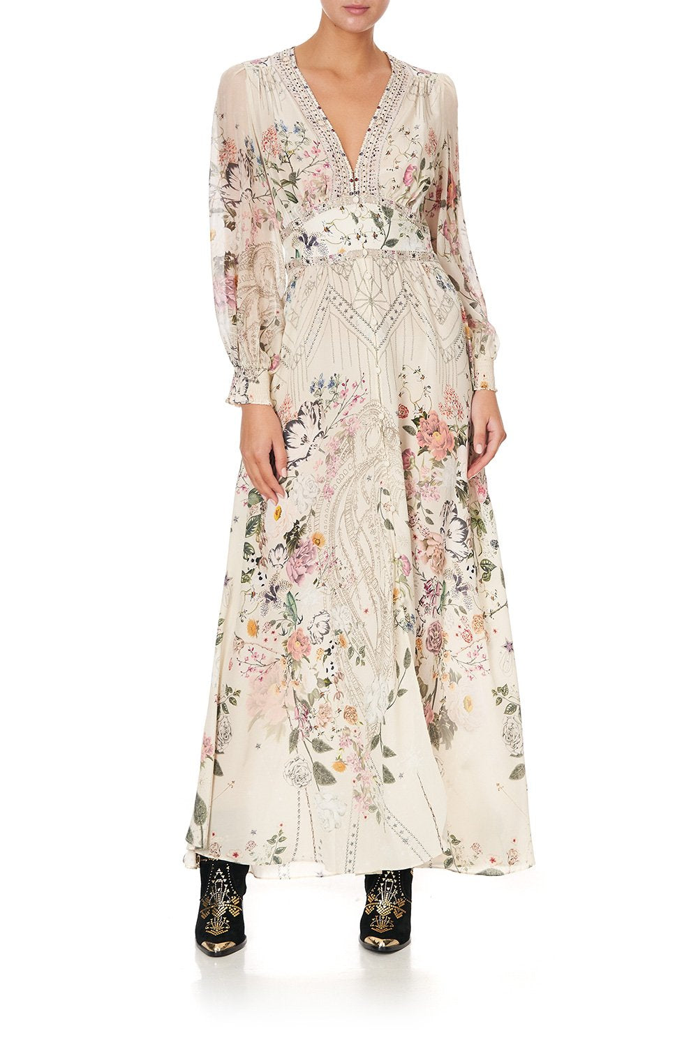 BUTTON DRESS WITH SHAPED WAISTBAND PHOENIX FLOWER