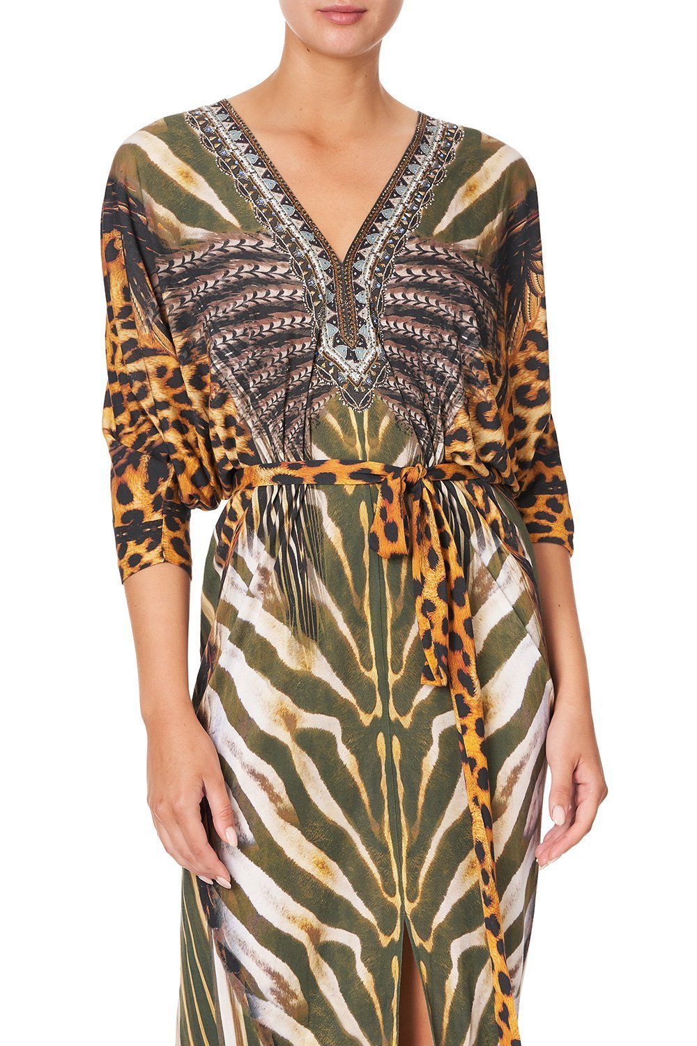 JERSEY FITTED V NECK DRESS WITH TIE NINE LIVES