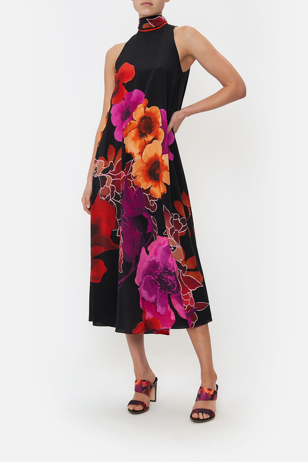 HIGH NECK DRESS WITH BACK NECK TIE MIDNIGHT POPPY
