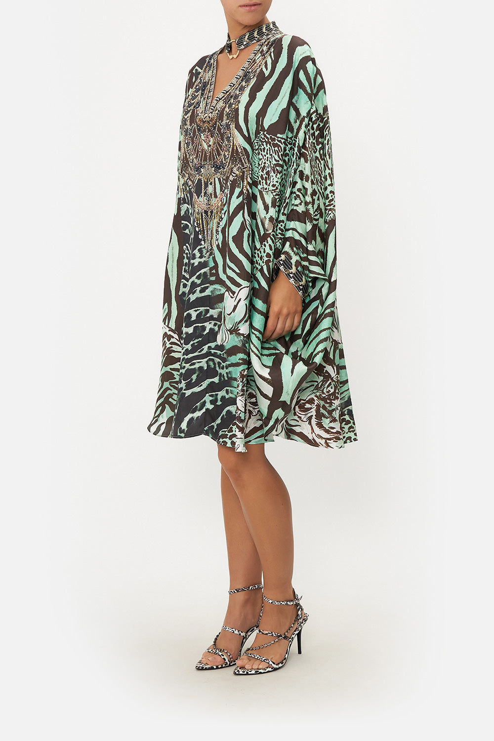 SHORT HIGH NECK KAFTAN WITH O RING LEOPARD LORE