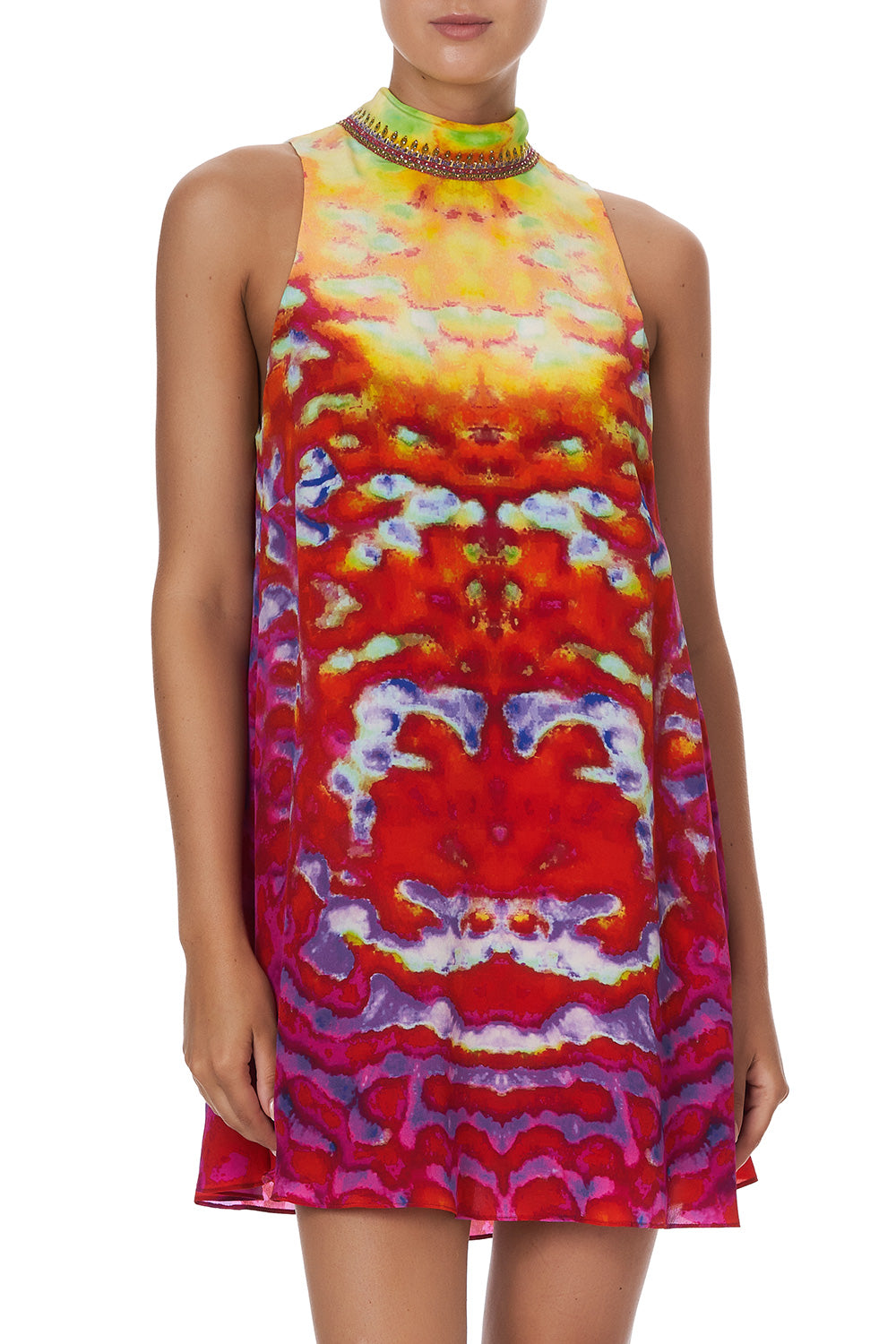 HIGH COLLAR SHIFT DRESS BANSHEE BECKONS