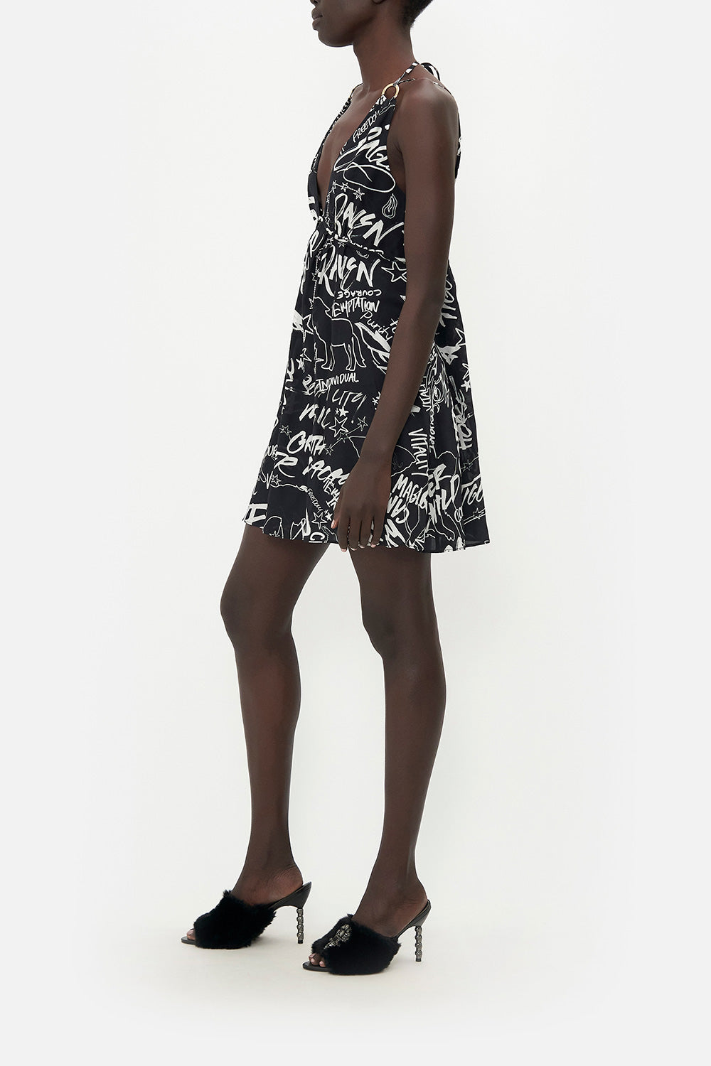 SHORT FLARED DRESS WITH HARDWARE SPIRIT SCRIBBLE