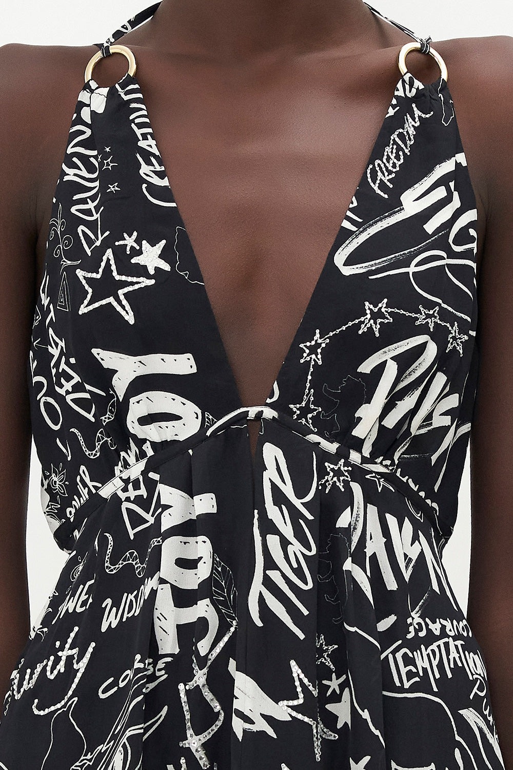 SHORT FLARED DRESS WITH HARDWARE SPIRIT SCRIBBLE