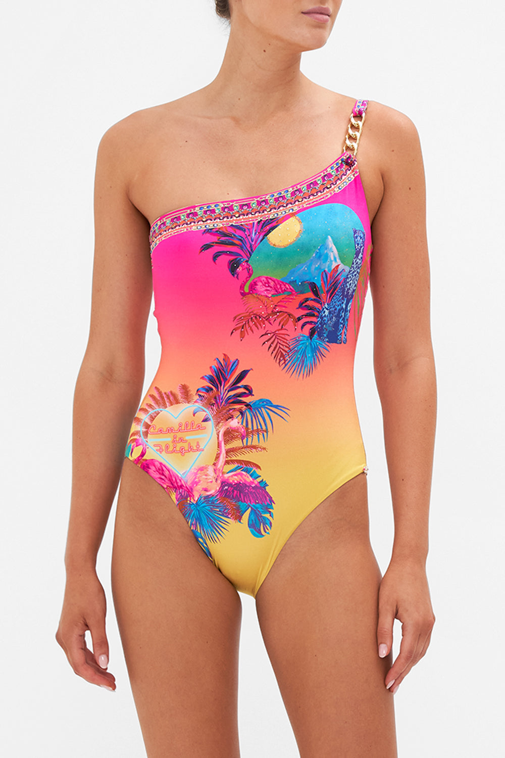 ONE SHOULDER ONE PIECE WITH CHAIN FLIGHT OF THE FLAMINGO