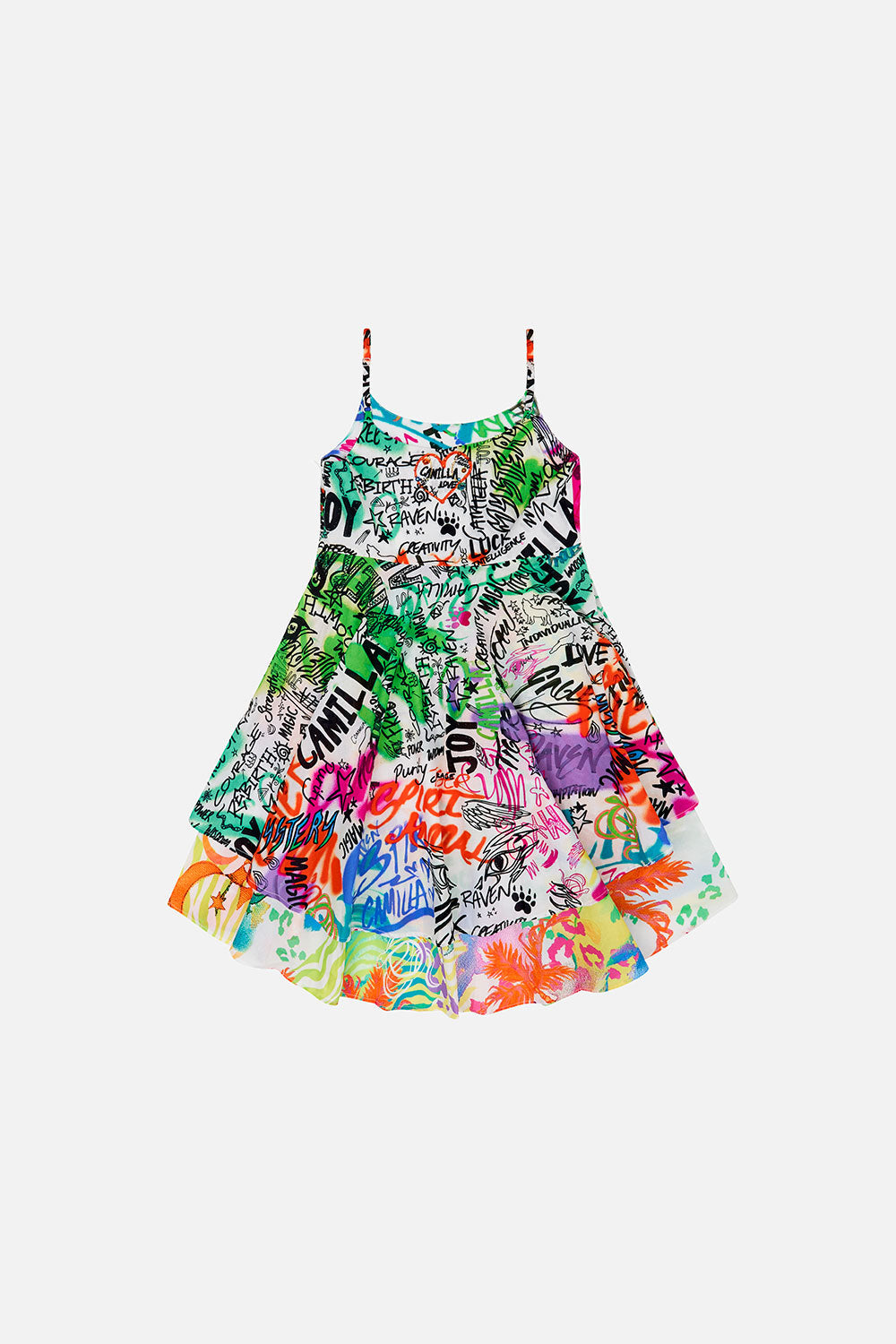 KIDS ROUND NECK TIERED DRESS 4-10 GRAFFITI THE WORLD