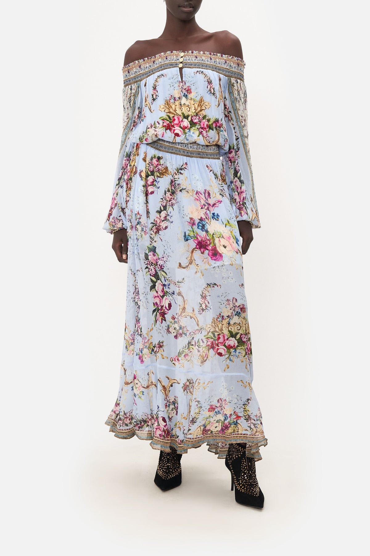 OFF SHOULDER SHIRRED DRESS FLORAFUL