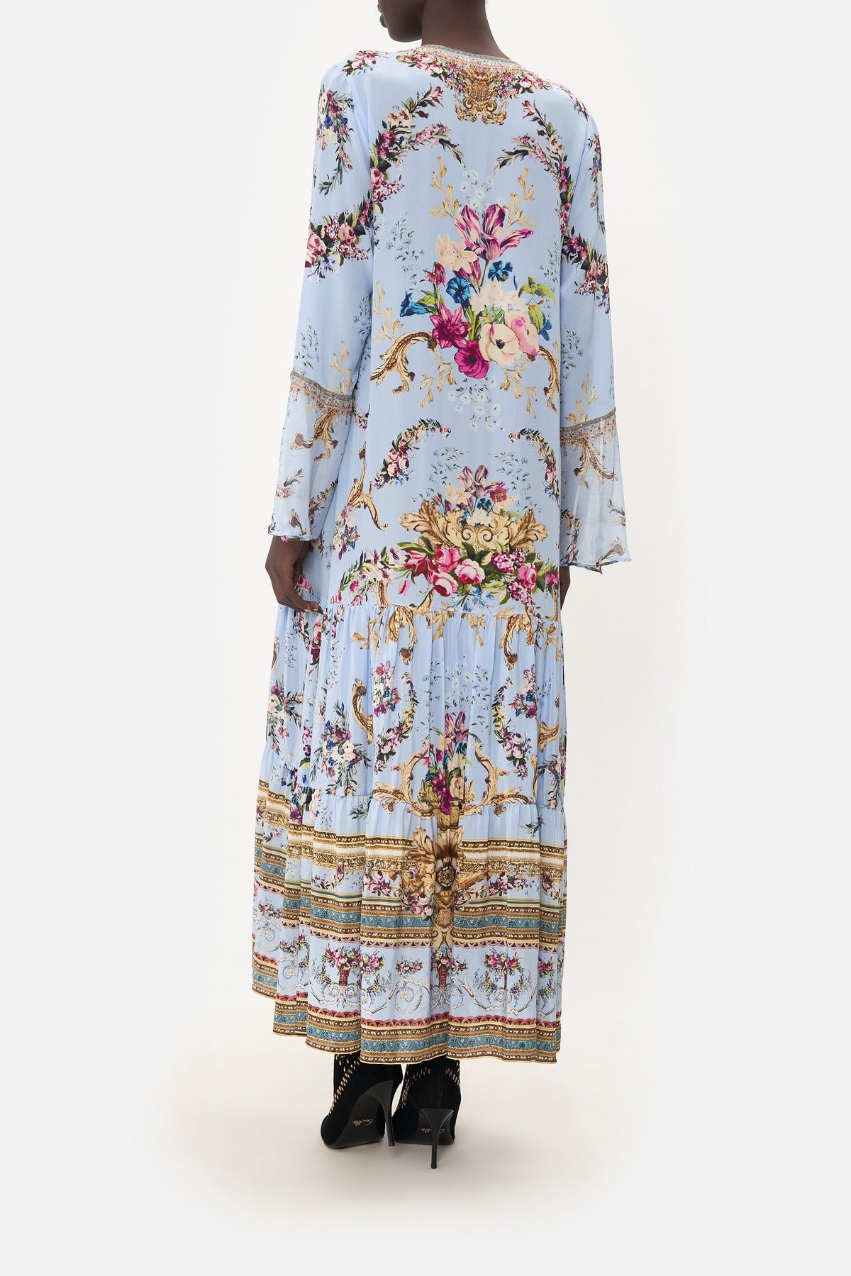 LACE UP DRESS WITH TIERED HEM FLORAFUL