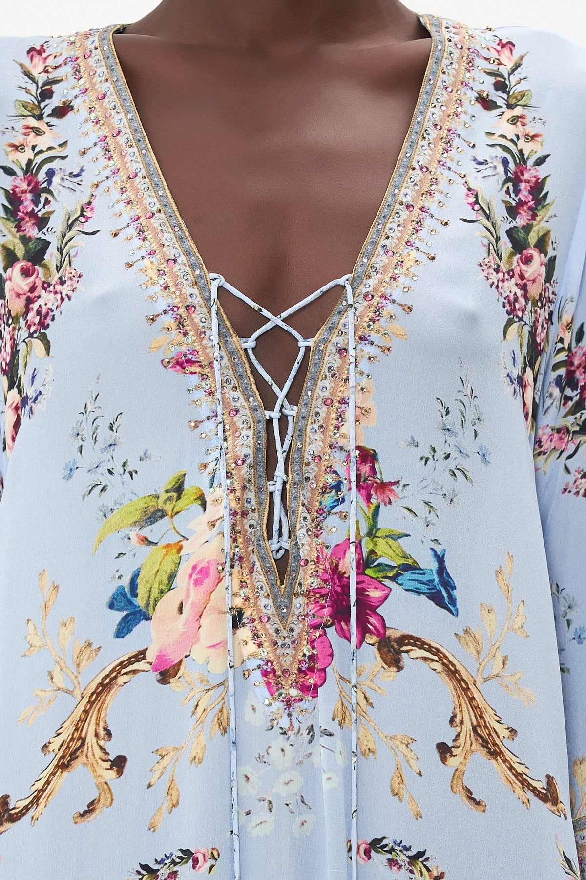 LACE UP DRESS WITH TIERED HEM FLORAFUL