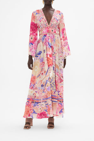 Kimono Sleeve Dress With Shirring Detail Rose Bed Rendezvous print by CAMILLA
