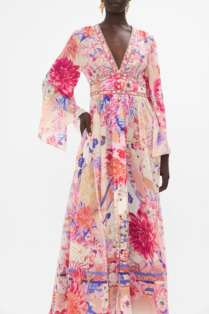 KIMONO SLEEVE DRESS WITH SHIRRING DETAIL ROSE BED RENDEZVOUS