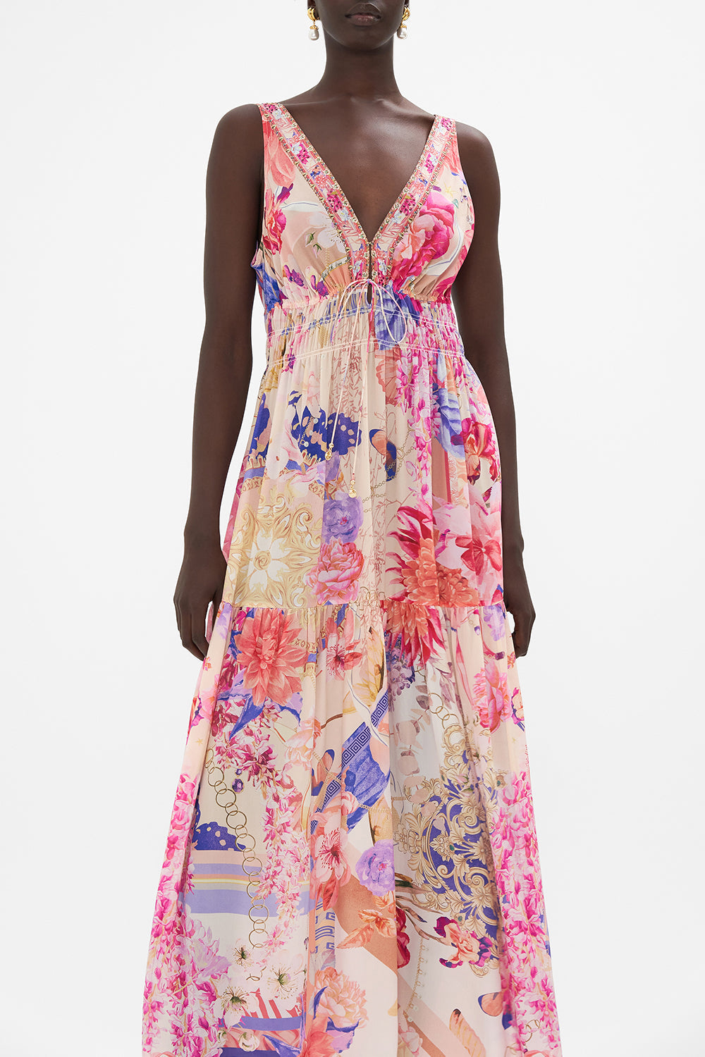 SHIRRED WAIST DETAIL LONG DRESS ROSE BED RENDEZVOUS