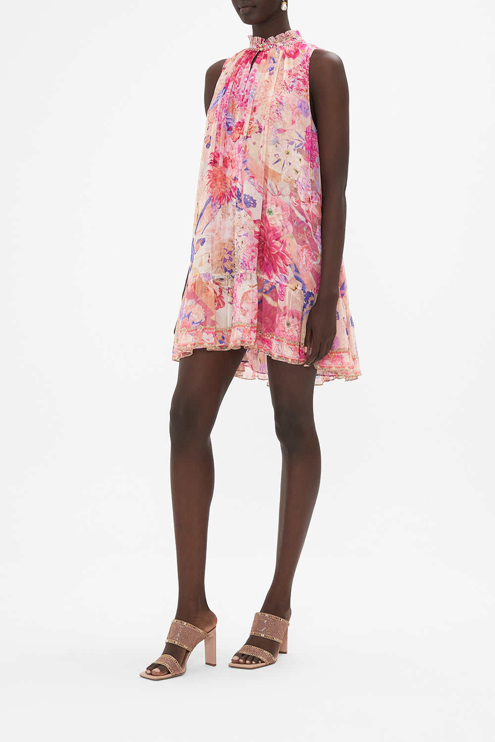 HIGH NECK RUFFLE DRESS ROSE BED RENDEZVOUS